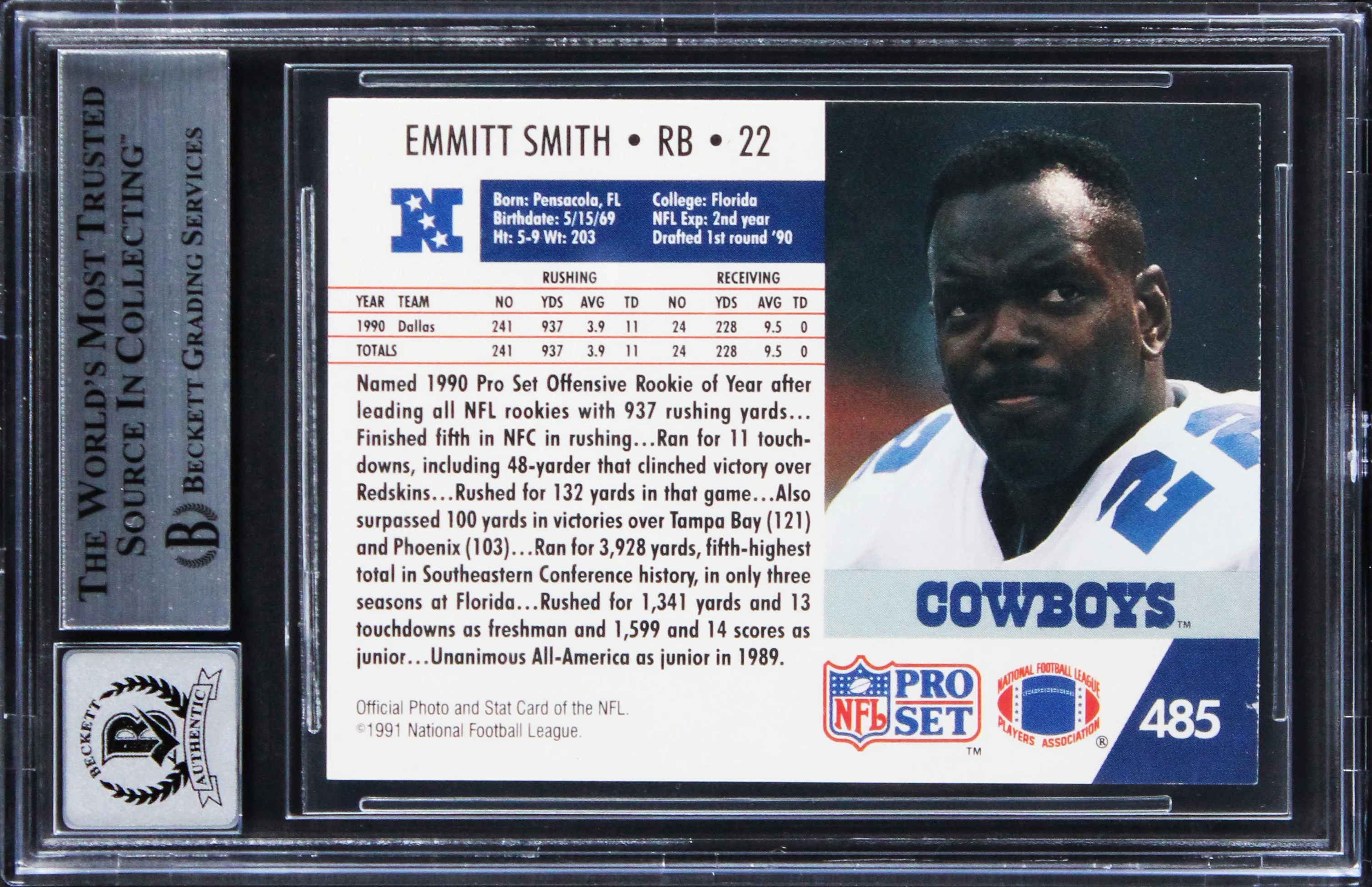 Cowboys Emmitt Smith Signed 1991 Pro Set #485 Card Auto Gem Mint 10! BAS Slabbed - Image 3