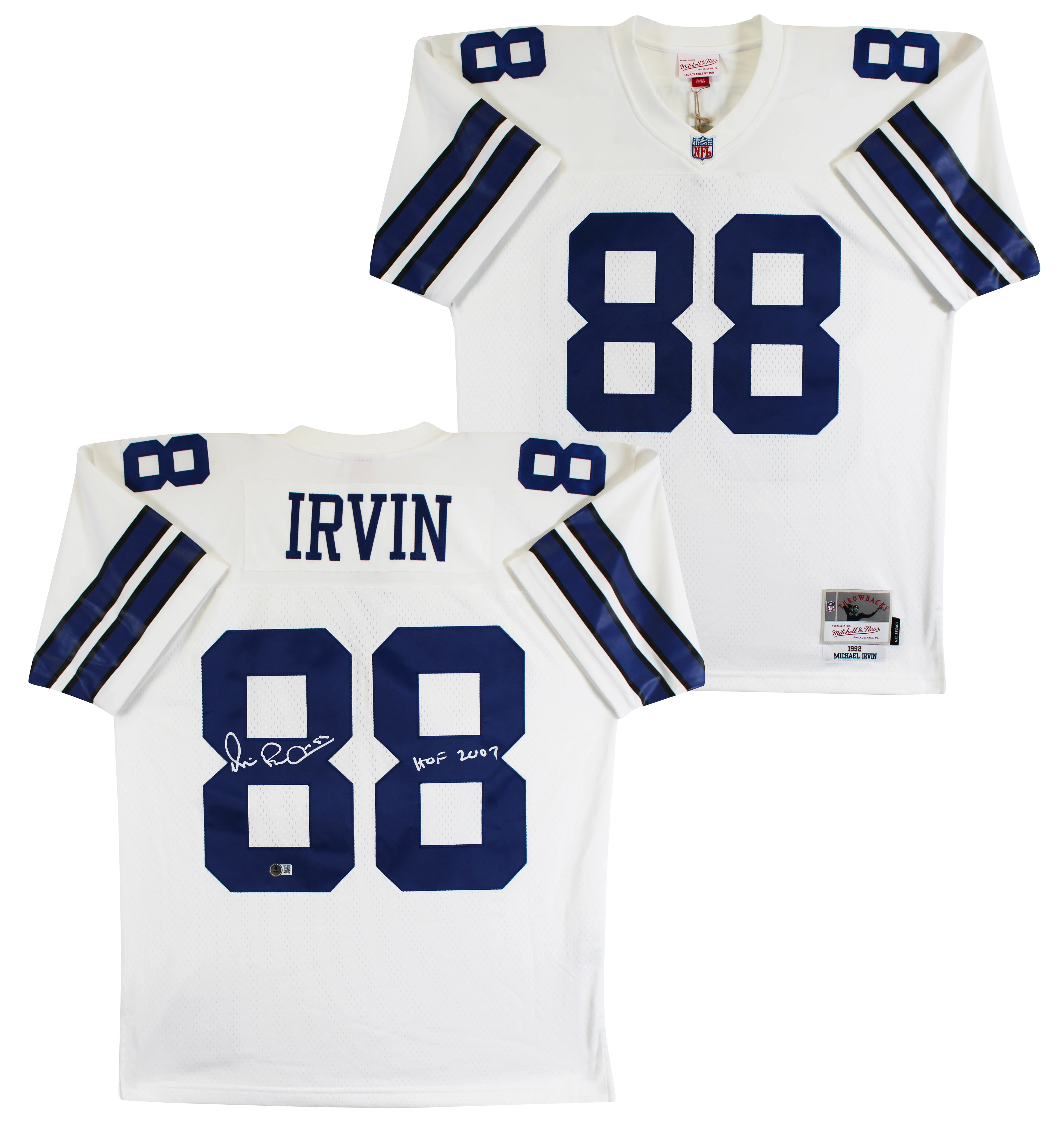 Cowboys Michael Irvin "HOF 2007" Signed White Mitchell & Ness Jersey BAS Witness - Image 2