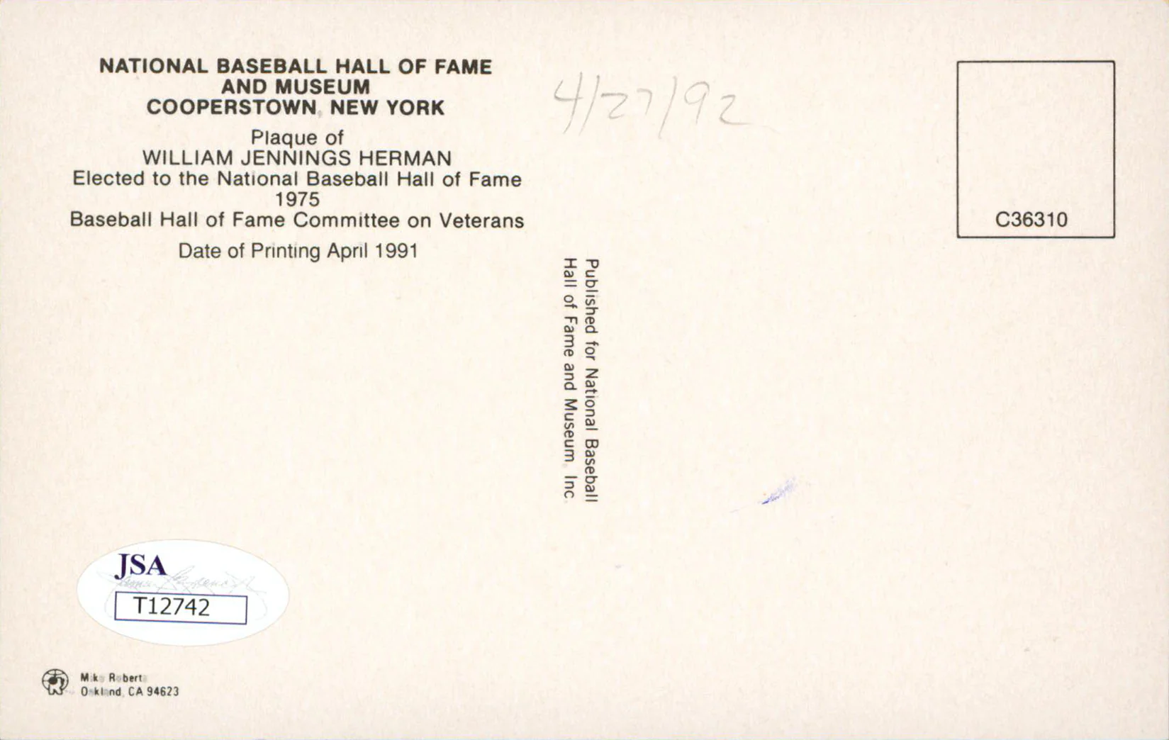Cubs Billy Herman Authentic Signed 3.5x5.5 HOF Plaque Postcard JSA #T12742 - Image 3