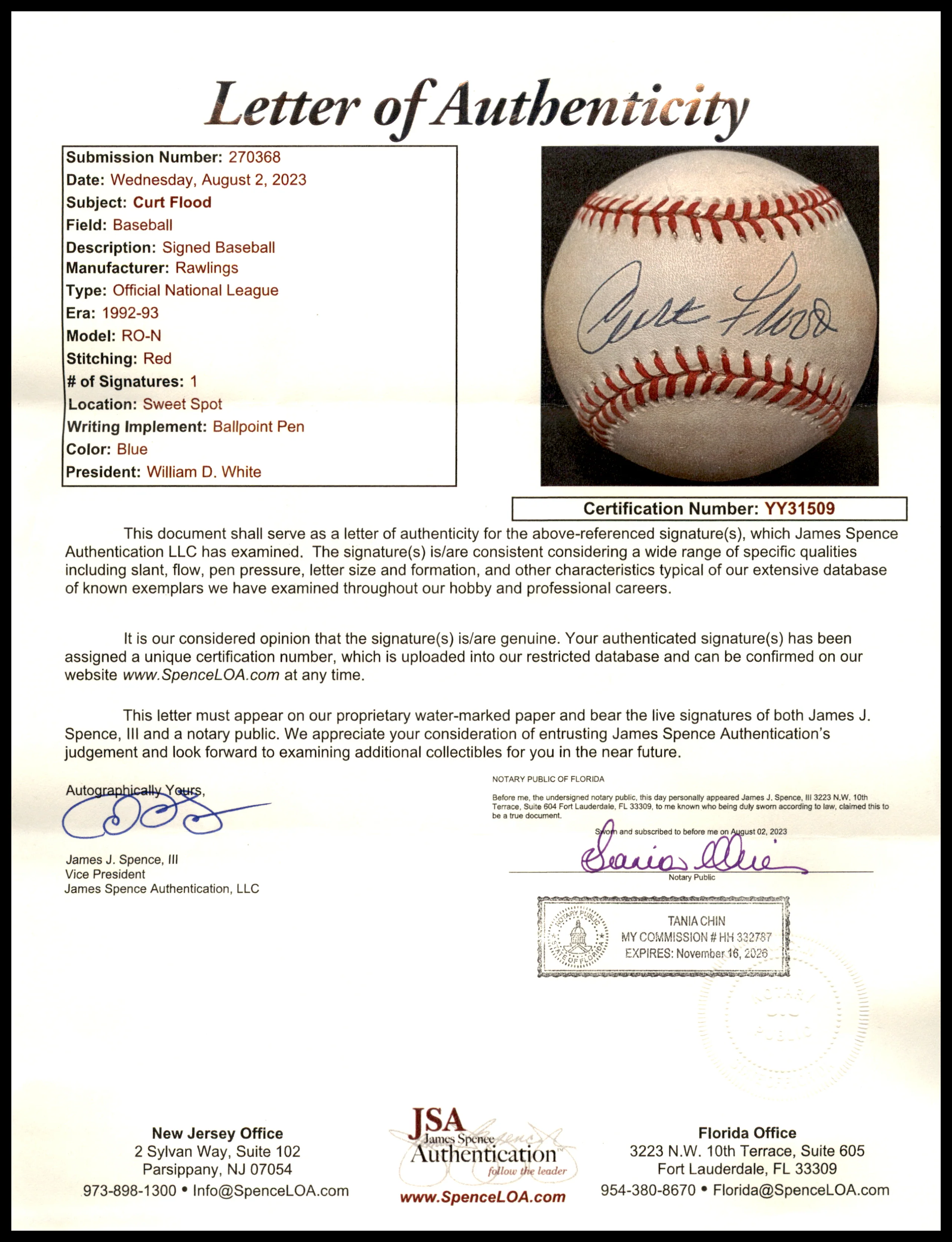 Curt Flood Autographed Official NL Baseball St. Louis Cardinals Single Signed JSA #YY31509 - Image 5