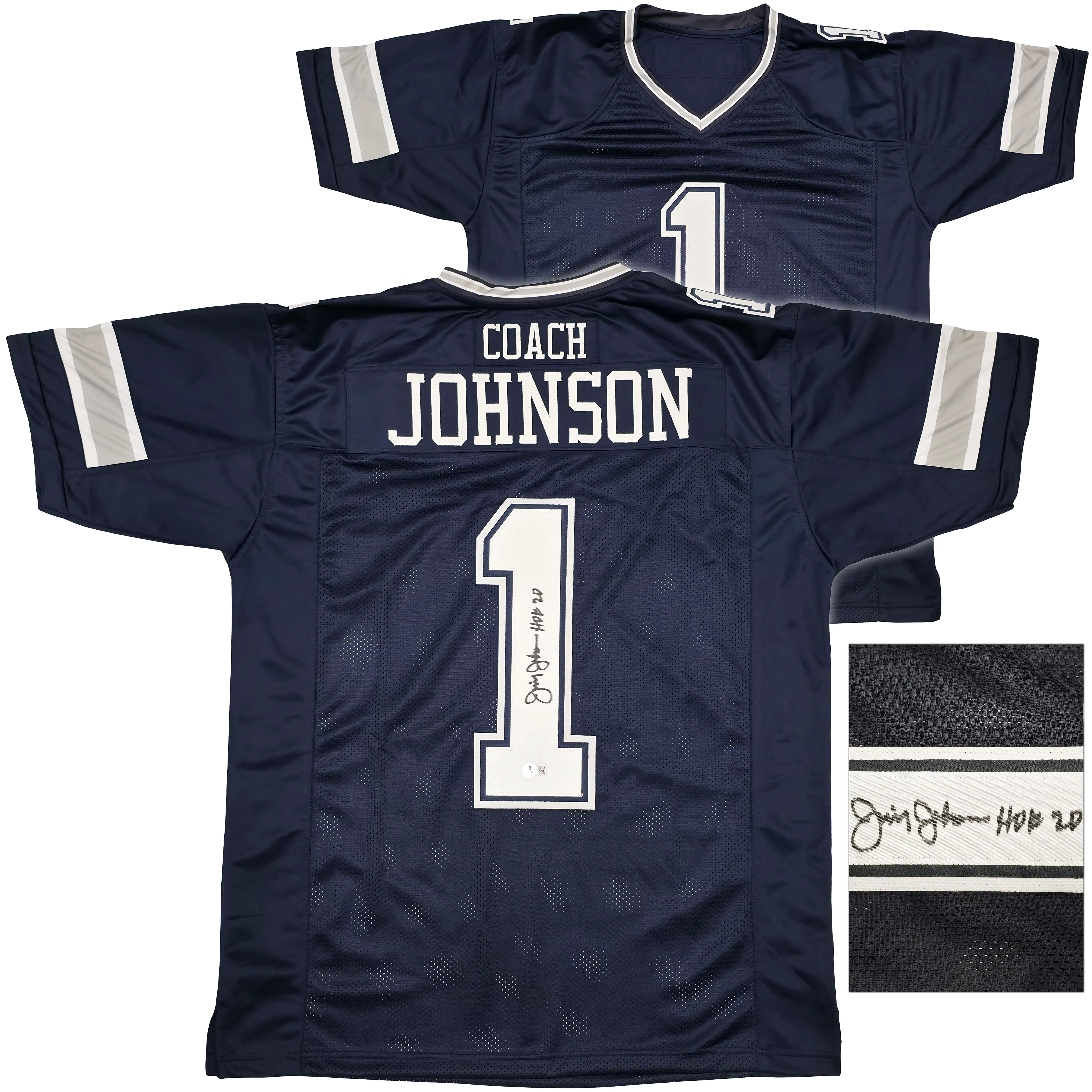 Dallas Cowboys Jimmy Johnson Autographed Blue Jersey "HOF 20" Beckett BAS Witness Stock #239849