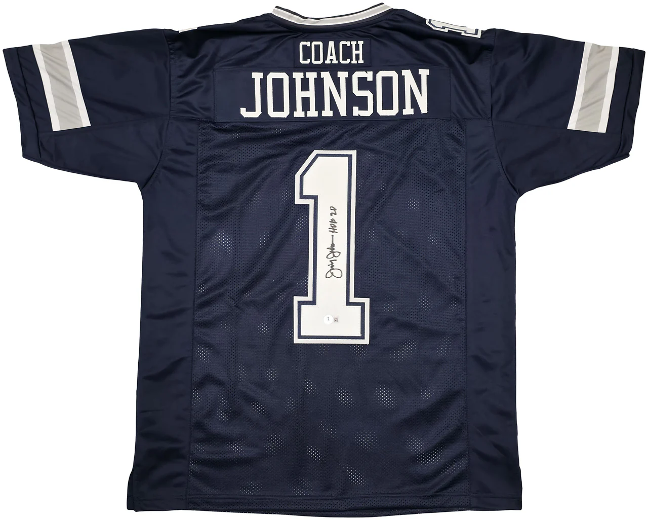Dallas Cowboys Jimmy Johnson Autographed Blue Jersey "HOF 20" Beckett BAS Witness Stock #239849 - Image 2
