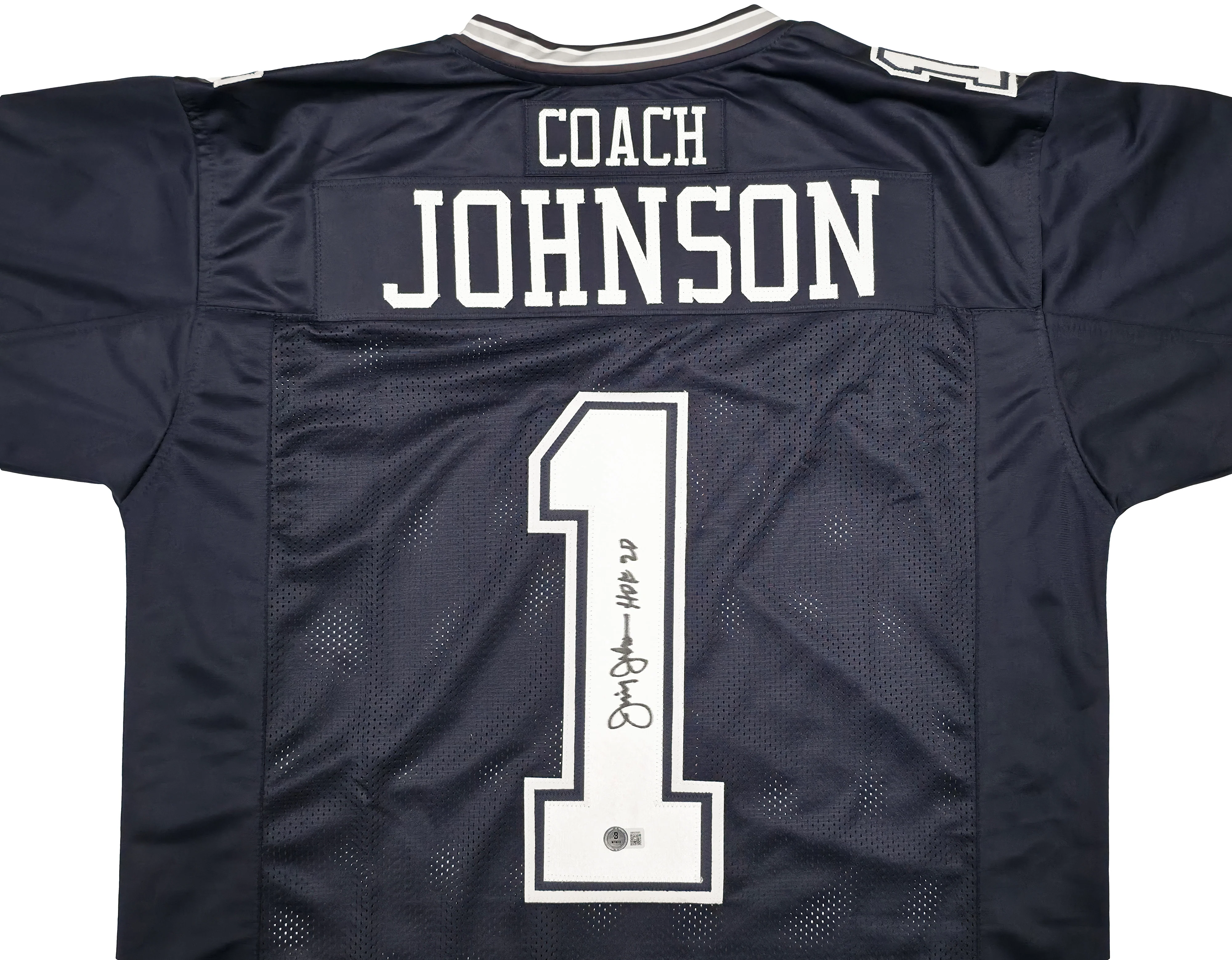Dallas Cowboys Jimmy Johnson Autographed Blue Jersey "HOF 20" Beckett BAS Witness Stock #239849 - Image 3
