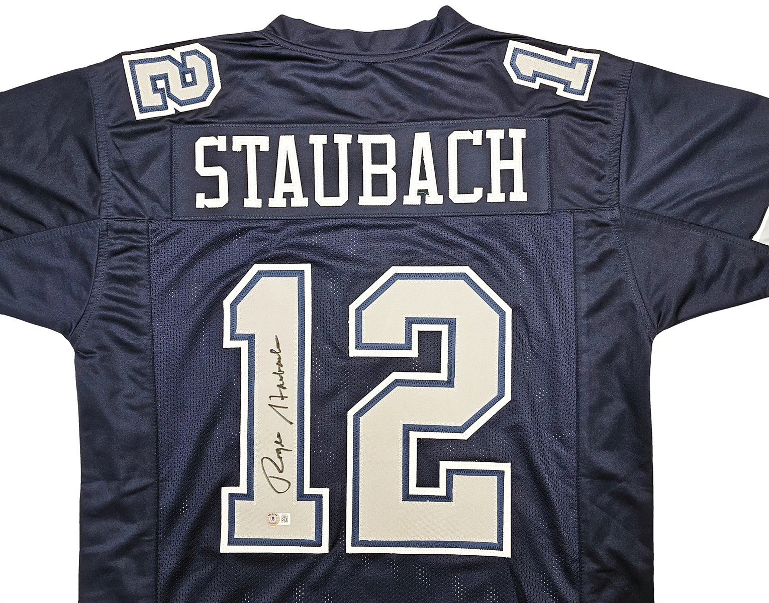 Dallas Cowboys Roger Staubach Autographed Navy Blue Jersey Beckett BAS Witness Stock #212671 - Image 3
