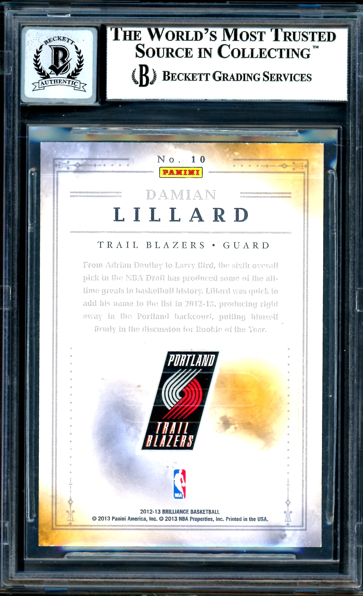 Damian Lillard Autographed 2012-13 Panini Brilliance Magic Numbers Rookie Card #10 Portland Trail Blazers Auto Grade Gem Mint 10 Beckett BAS #13605359 - Image 2