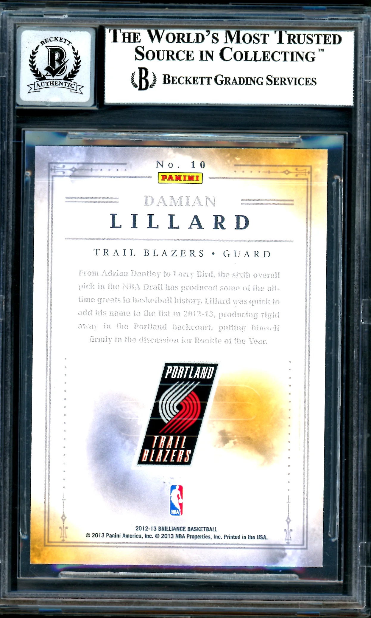 Damian Lillard Autographed 2012-13 Panini Brilliance Magic Numbers Rookie Card #10 Portland Trail Blazers Auto Grade Gem Mint 10 Beckett BAS #13605360 - Image 2