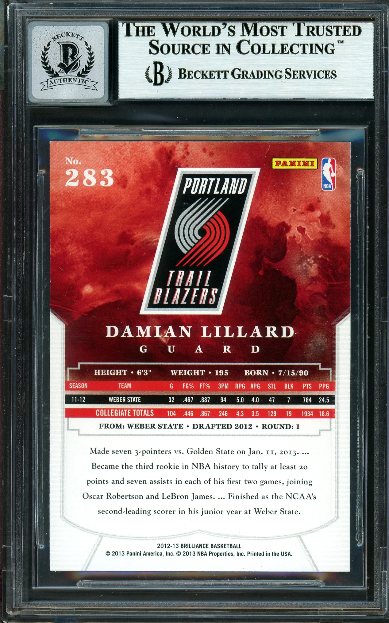 Damian Lillard Autographed 2012-13 Panini Brilliance Rookie Card #283 Portland Trail Blazers Auto Grade Gem Mint 10 Beckett BAS Stock #199593 - Image 2