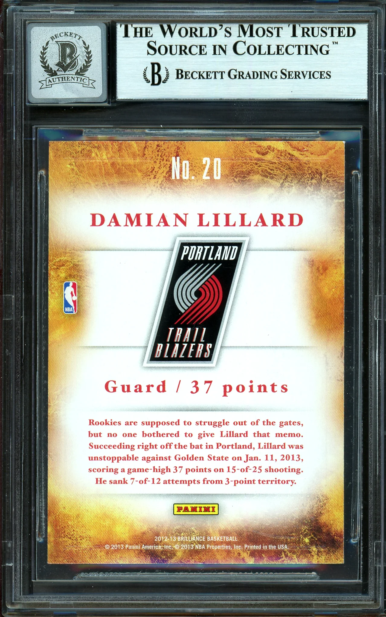 Damian Lillard Autographed 2012-13 Panini Brilliance Scorers Inc. Rookie Card #20 Portland Trail Blazers Auto Grade Gem Mint 10 Beckett BAS #13605499 - Image 2