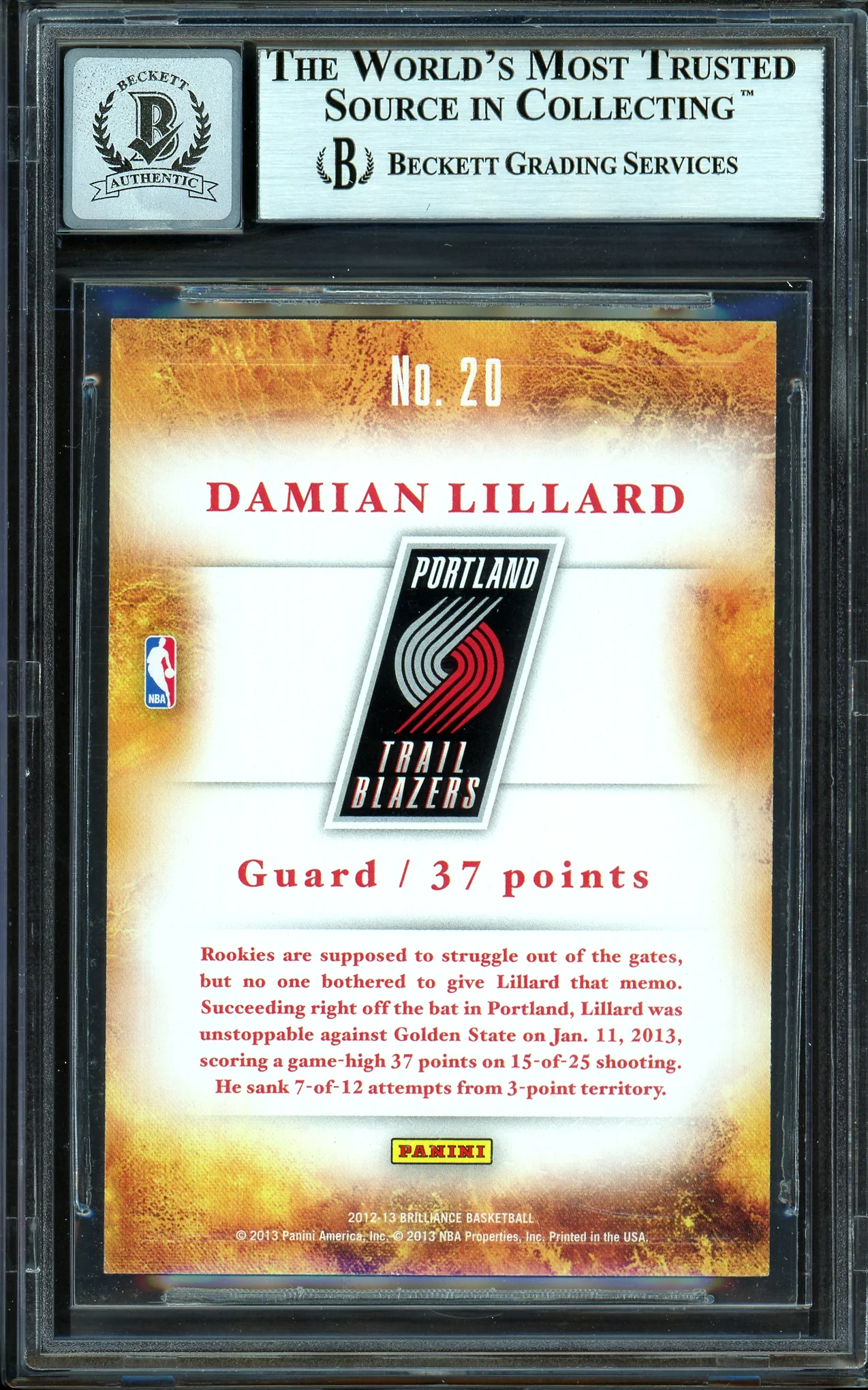 Damian Lillard Autographed 2012-13 Panini Brilliance Scorers Inc. Rookie Card #20 Portland Trail Blazers Auto Grade Gem Mint 10 Beckett BAS #13605500 - Image 2