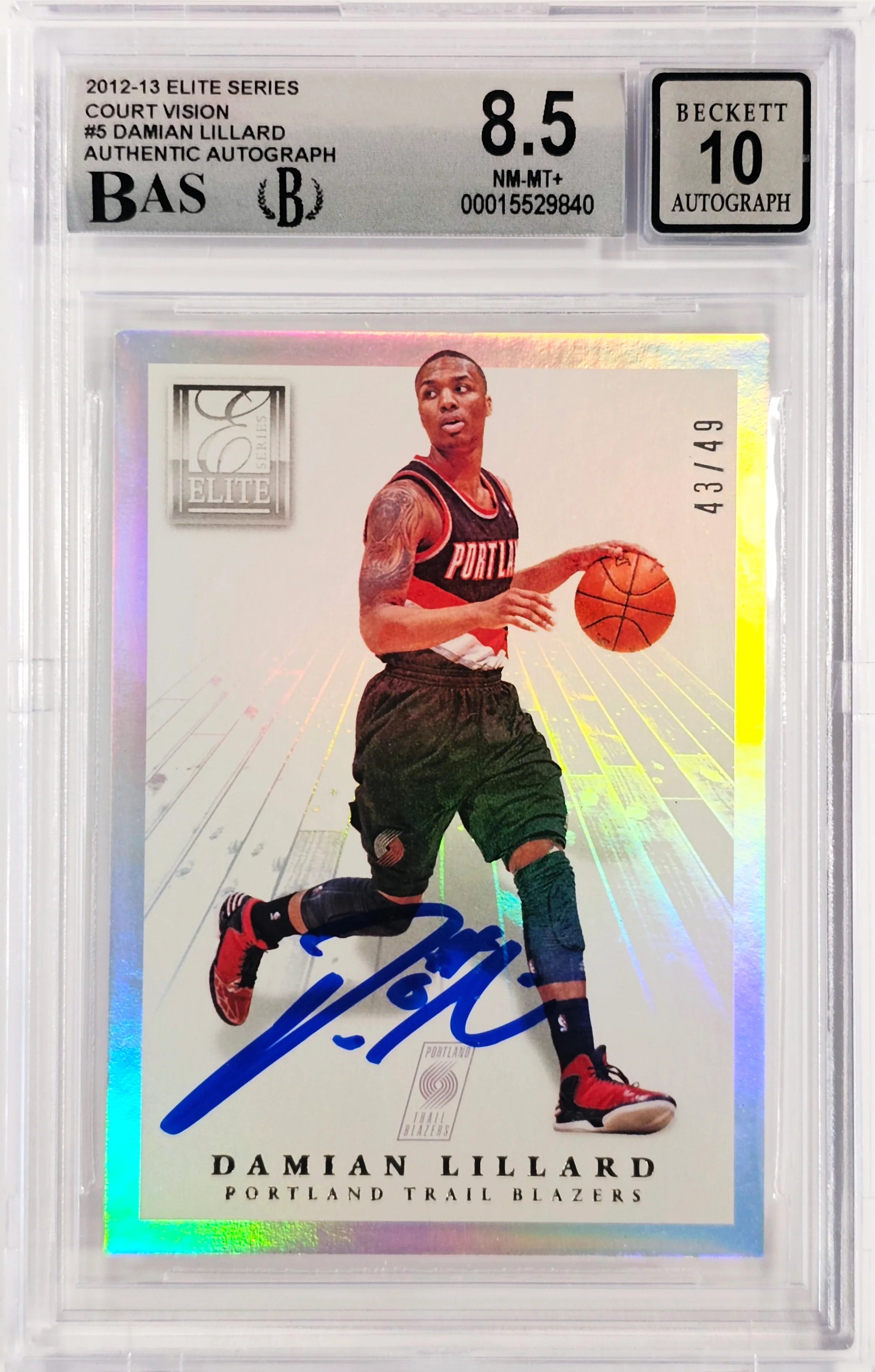Damian Lillard Autographed 2012-13 Panini Elite Court Vision Rookie Card #5 Portland Trail Blazers BGS 8.5 Auto Grade Gem Mint 10 #43/49 Beckett BAS #15529840
