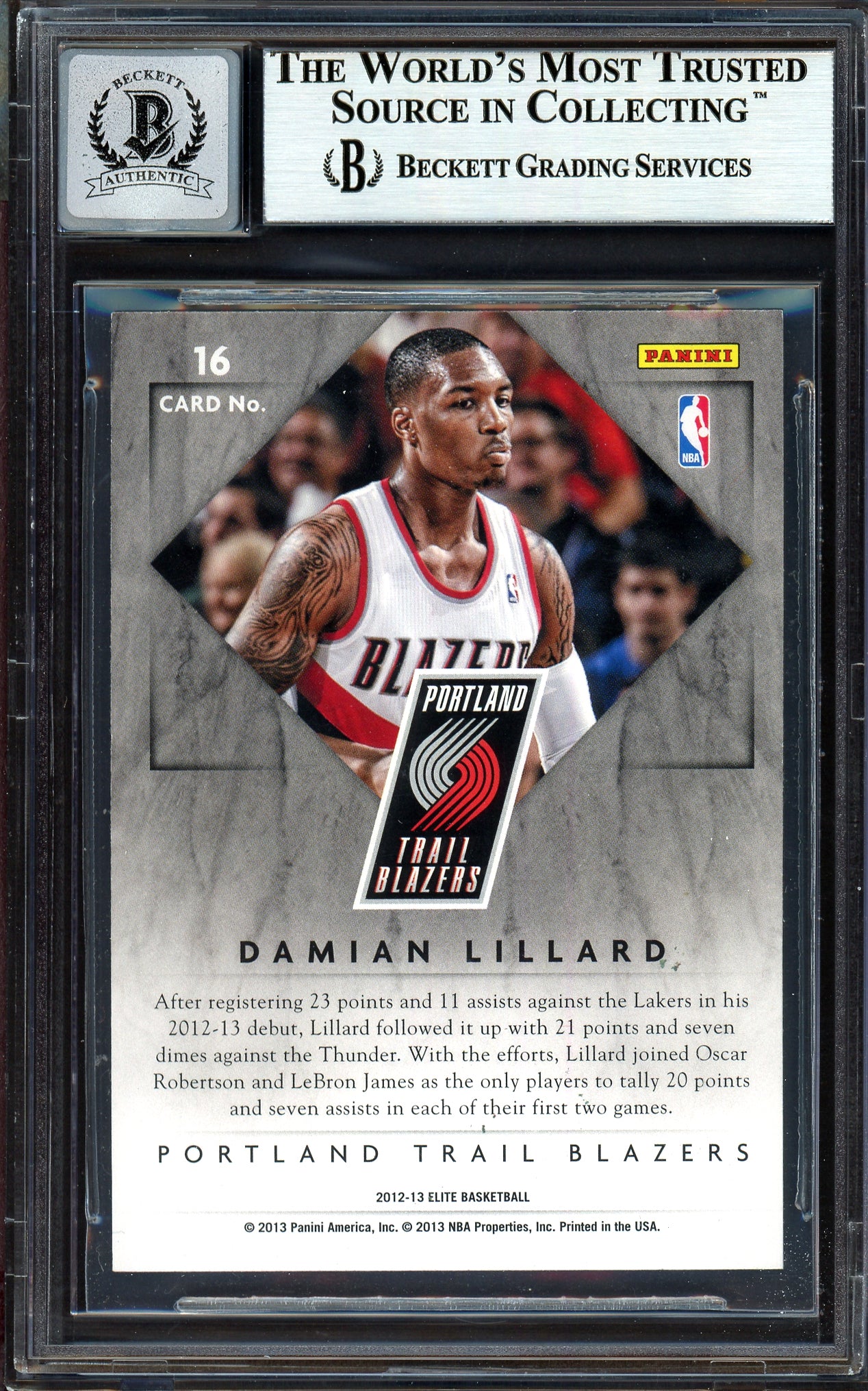 Damian Lillard Autographed 2012-13 Panini Elite Rookie Card #16 Portland Trail Blazers Auto Grade Gem Mint 10 Beckett BAS #13605398 - Image 2