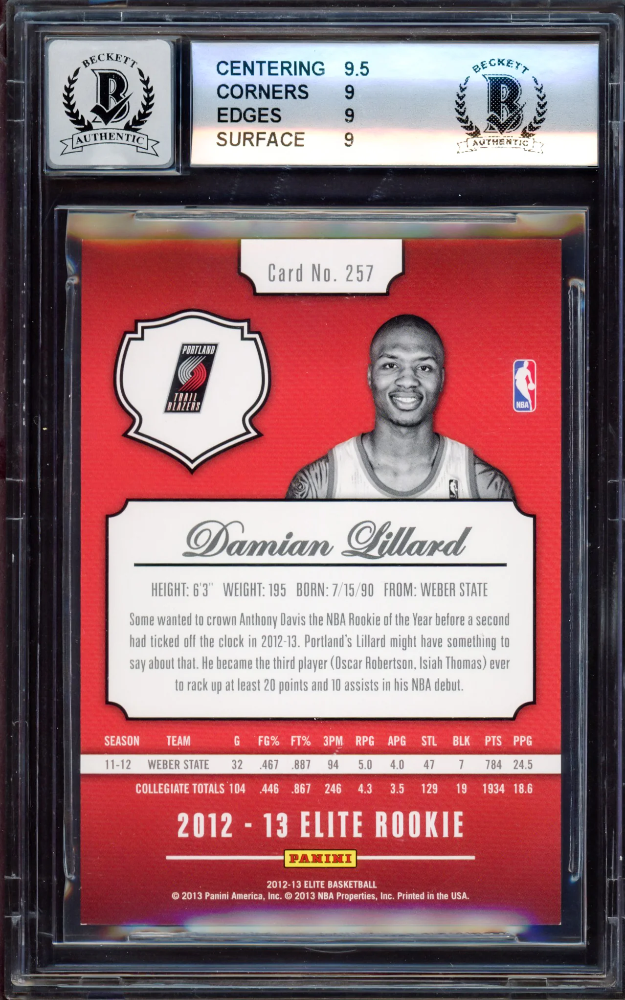 Damian Lillard Autographed 2012-13 Panini Elite Rookie Card #257 Portland Trail Blazers BGS 9 Auto Grade Gem Mint 10 #93/599 Beckett BAS #15529684 - Image 2