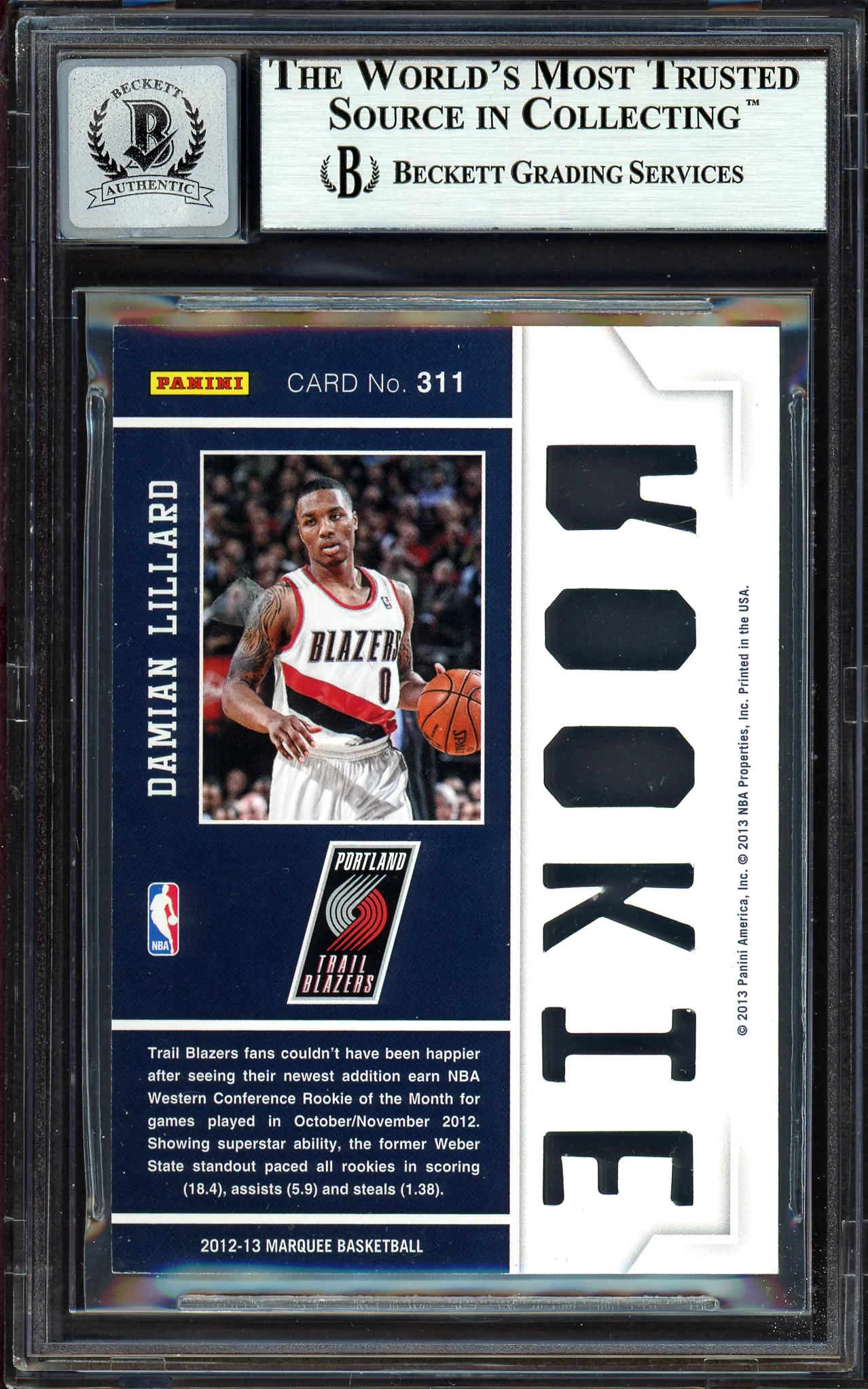 Damian Lillard Autographed 2012-13 Panini Marquee Rookie Card #311 Portland Trail Blazers Auto Grade Gem Mint 10 Beckett BAS #13605390 - Image 2