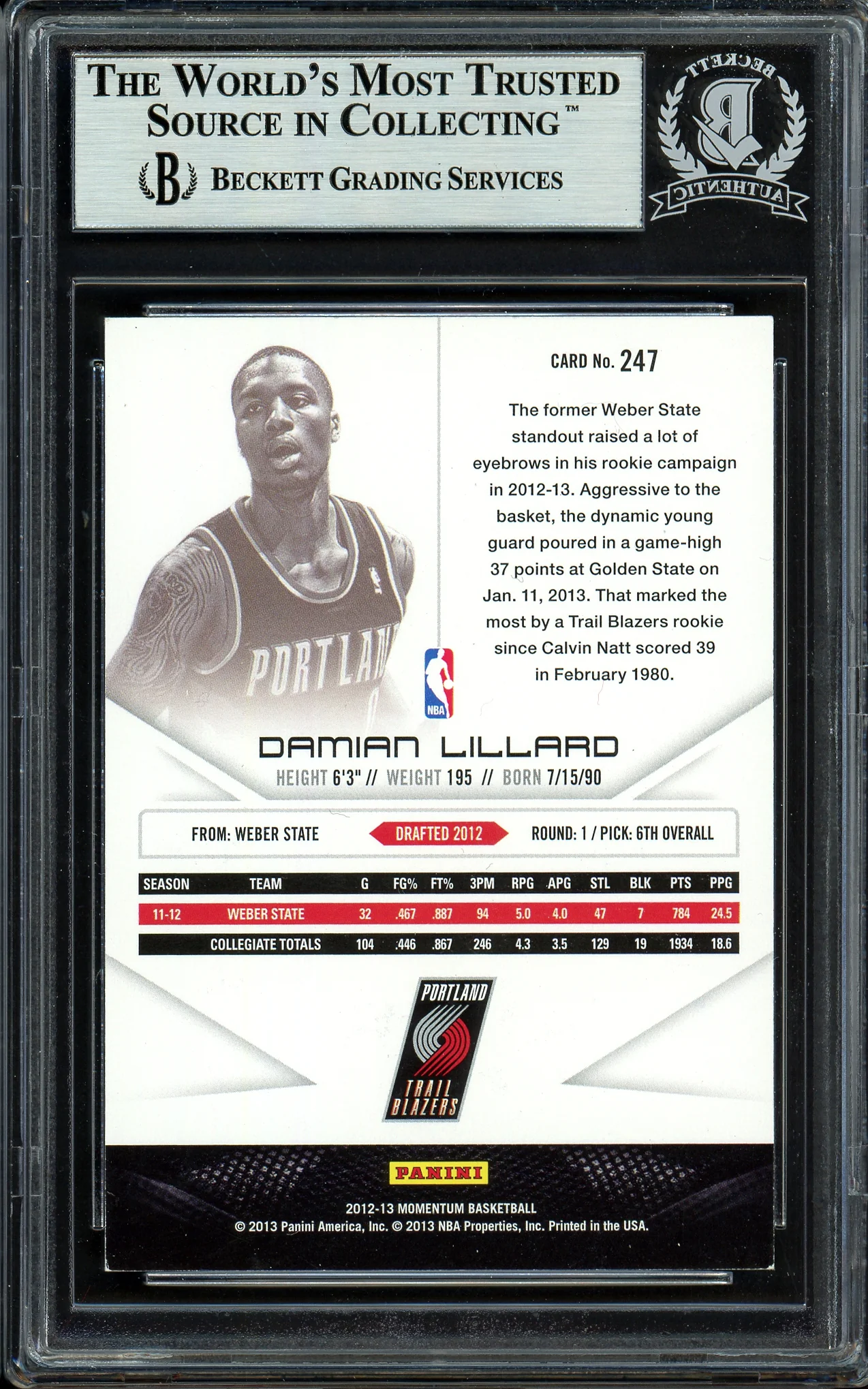 Damian Lillard Autographed 2012-13 Panini Momentum Rookie Card #247 Portland Trail Blazers Beckett BAS #13609503 - Image 2