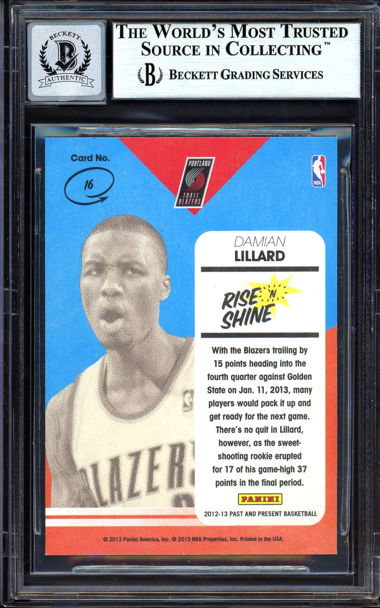 Damian Lillard Autographed 2012-13 Panini Past & Present Rise N Shine Rookie Card #16 Portland Trail Blazers Auto Grade Gem Mint 10 Beckett BAS #13605444 - Image 2
