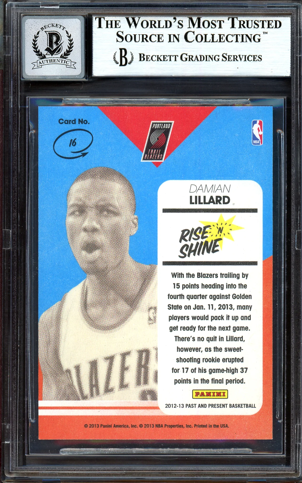 Damian Lillard Autographed 2012-13 Panini Past & Present Rise N Shine Rookie Card #16 Portland Trail Blazers Auto Grade Gem Mint 10 Beckett BAS #13605445 - Image 2