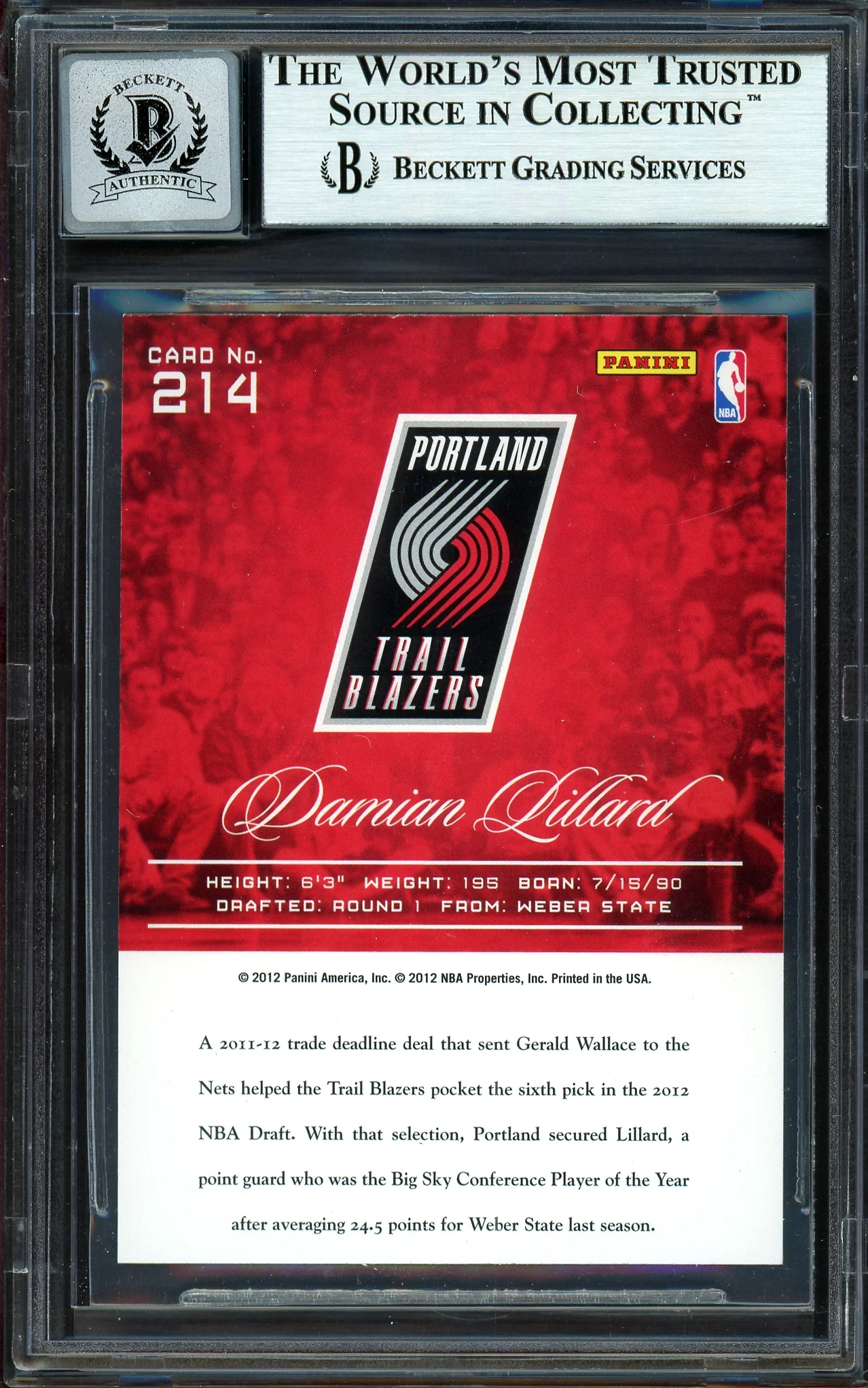 Damian Lillard Autographed 2012-13 Panini Prestige Rookie Card #214 Portland Trail Blazers Auto Grade Gem Mint 10 Beckett BAS #13605386 - Image 2