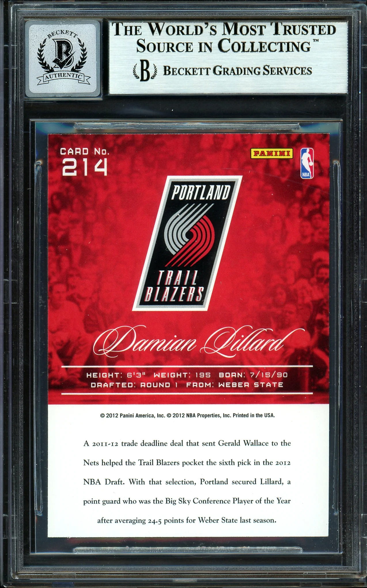 Damian Lillard Autographed 2012-13 Panini Prestige Rookie Card #214 Portland Trail Blazers Auto Grade Gem Mint 10 Beckett BAS #13605387 - Image 2