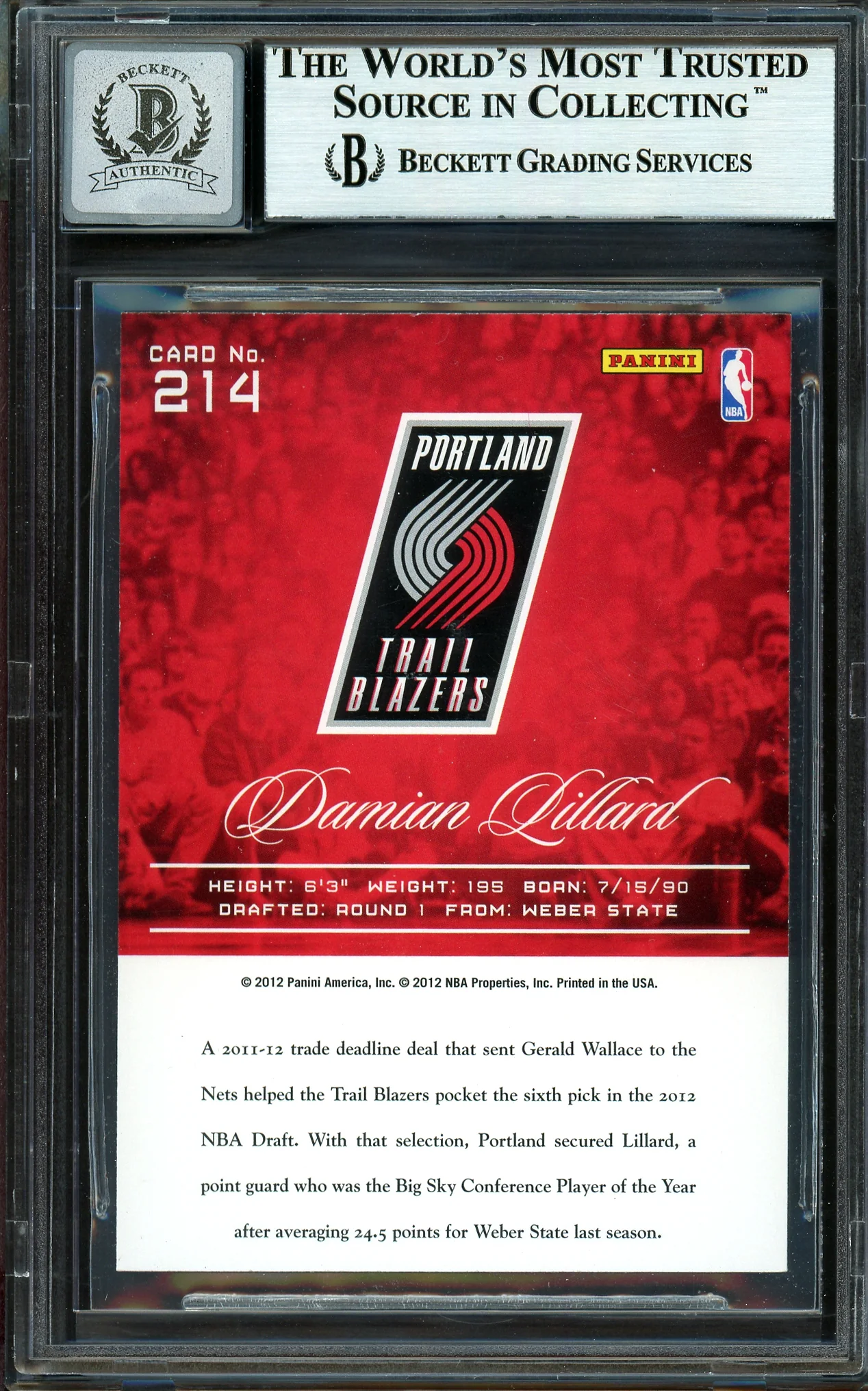 Damian Lillard Autographed 2012-13 Panini Prestige Rookie Card #214 Portland Trail Blazers Auto Grade Gem Mint 10 Beckett BAS #13605388 - Image 2