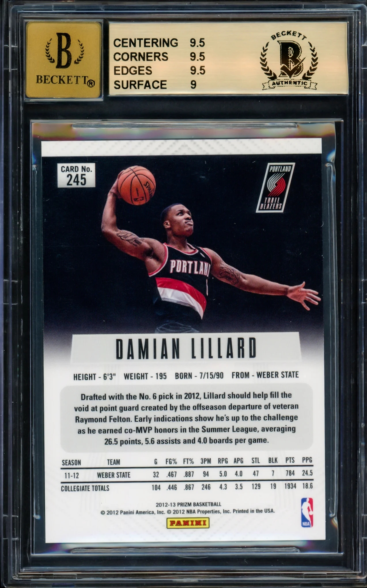Damian Lillard Autographed 2012-13 Panini Prizm Green Rookie Card #245 Portland Trail Blazers BGS 9.5 Auto Grade Gem Mint 10 Highest Graded Beckett BAS #14323866 - Image 2