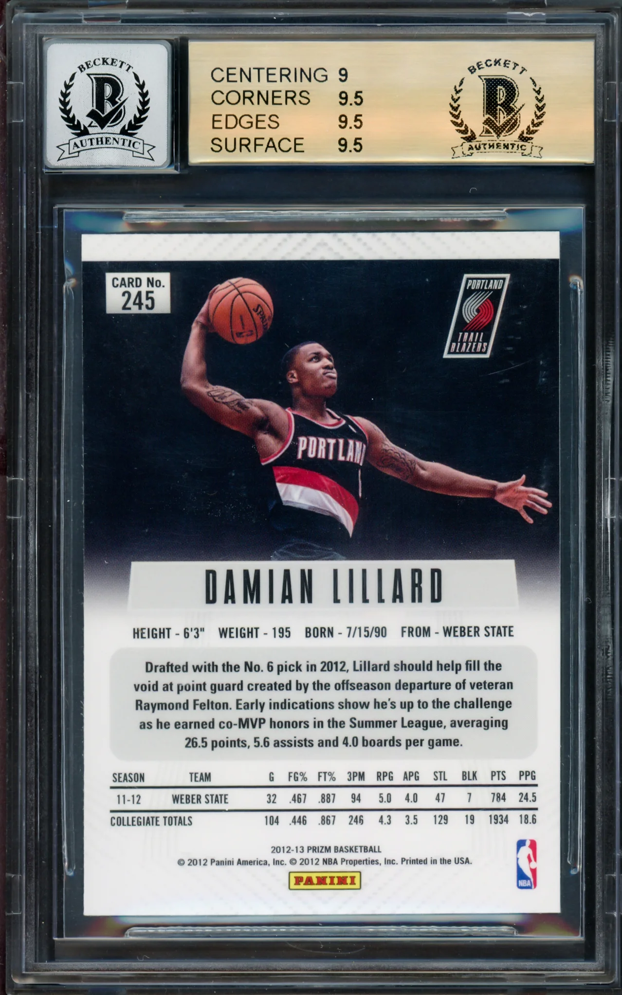 Damian Lillard Autographed 2012-13 Panini Prizm Prizms Rookie Card #245 Portland Trail Blazers BGS 9.5 Auto Grade Gem Mint 10 Highest Graded Beckett BAS #14323698 - Image 4