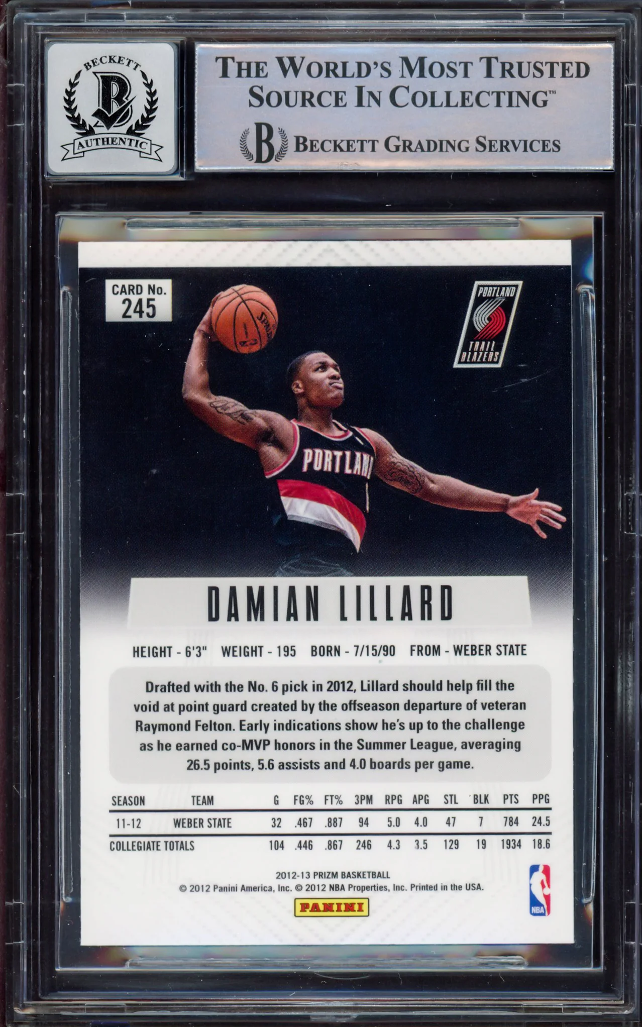 Damian Lillard Autographed 2012-13 Panini Prizm Rookie Card #245 Portland Trail Blazers Auto Grade Gem Mint 10 Beckett BAS #15531089 - Image 2