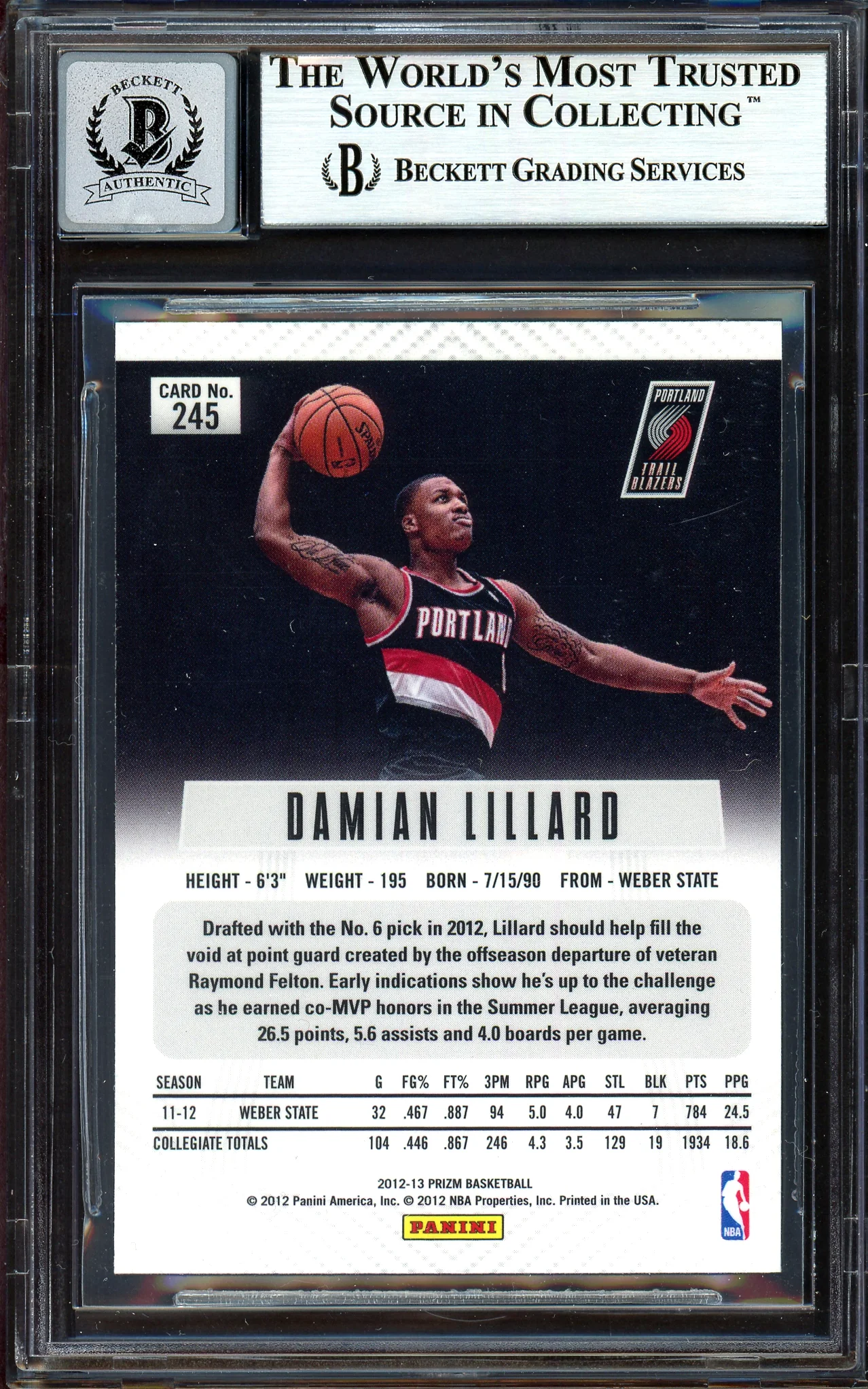 Damian Lillard Autographed 2012-13 Panini Prizm Rookie Card #245 Portland Trail Blazers Auto Grade Gem Mint 10 On Card Beckett BAS #13605091 - Image 2