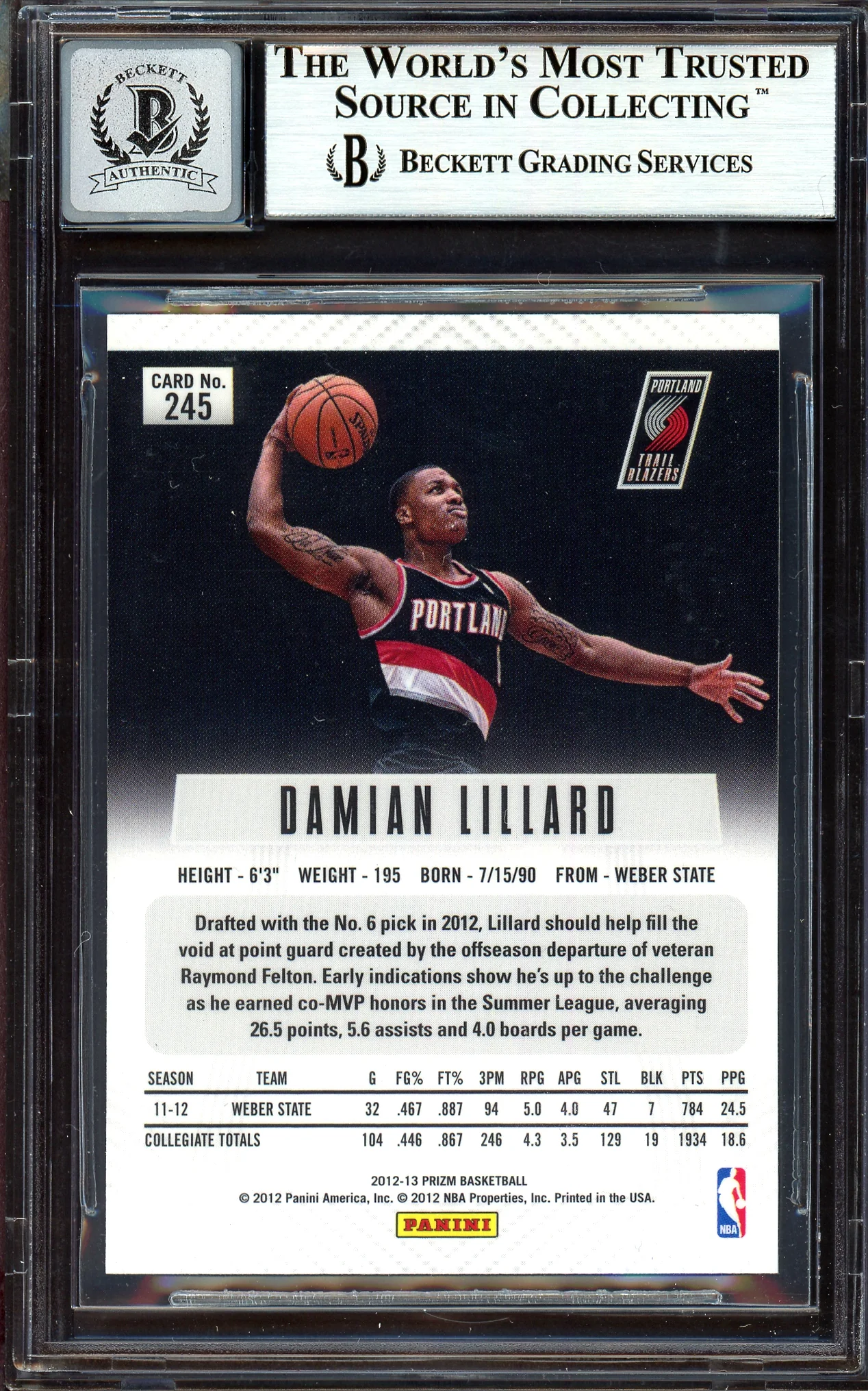 Damian Lillard Autographed 2012-13 Panini Prizm Rookie Card #245 Portland Trail Blazers Auto Grade Gem Mint 10 On Card Beckett BAS #13605093 - Image 2