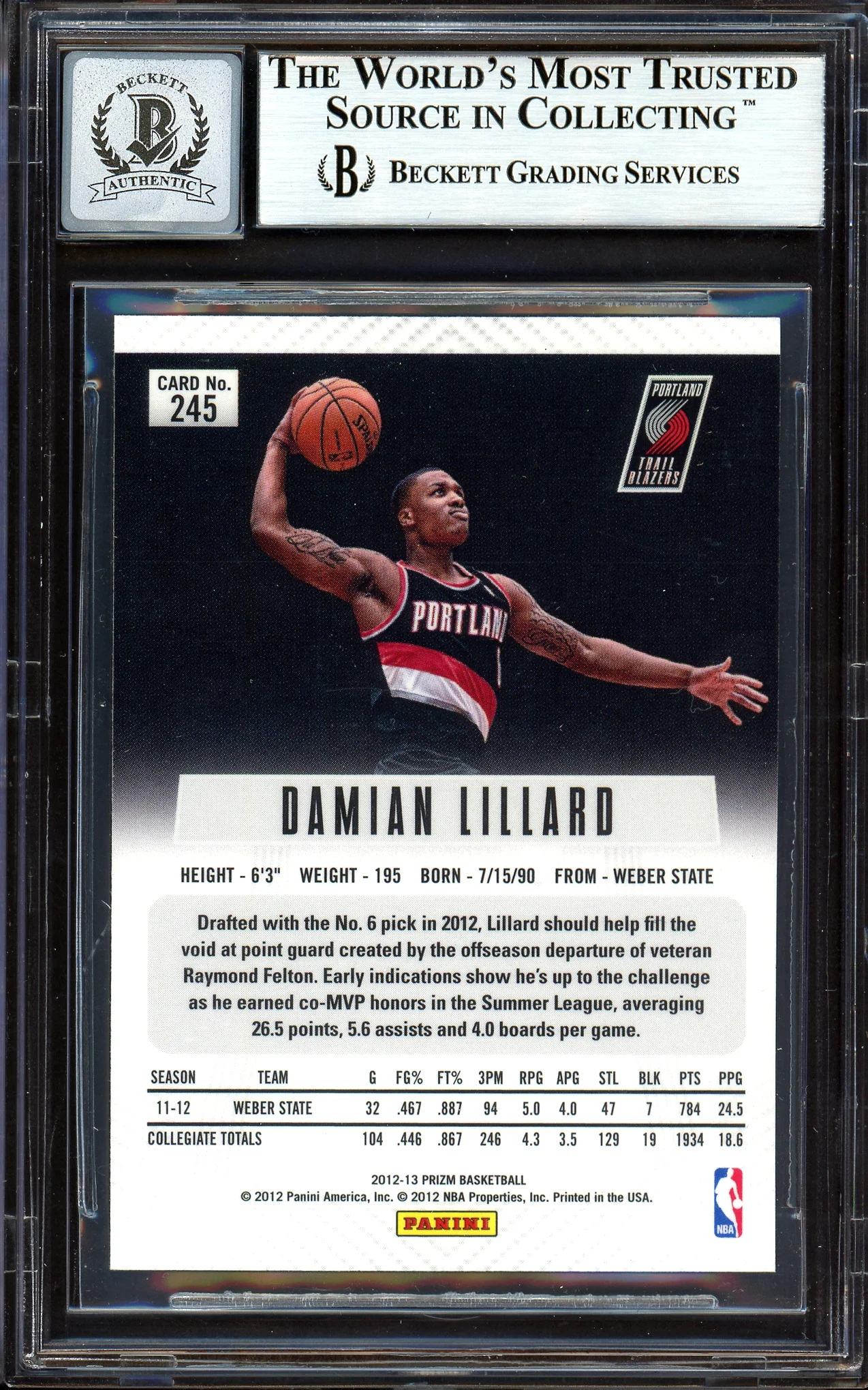 Damian Lillard Autographed 2012-13 Panini Prizm Rookie Card #245 Portland Trail Blazers Auto Grade Gem Mint 10 On Card Beckett BAS #13605094 - Image 2