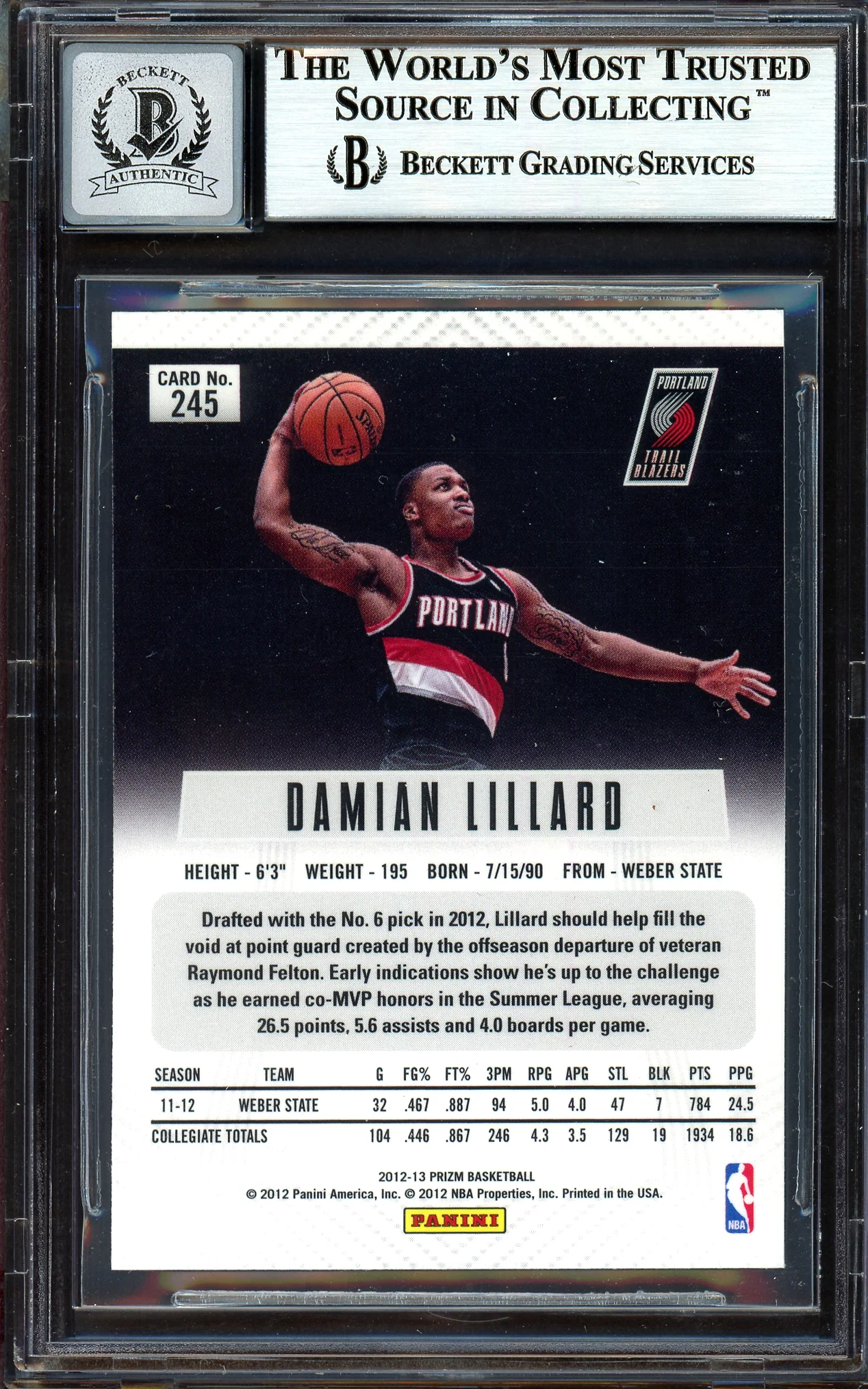 Damian Lillard Autographed 2012-13 Panini Prizm Rookie Card #245 Portland Trail Blazers Auto Grade Gem Mint 10 On Card Beckett BAS #13605095 - Image 2