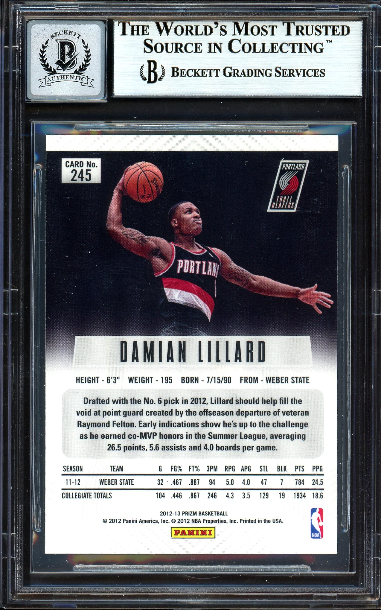 Damian Lillard Autographed 2012-13 Panini Prizm Rookie Card #245 Portland Trail Blazers Auto Grade Gem Mint 10 On Card Beckett BAS #13605096 - Image 2