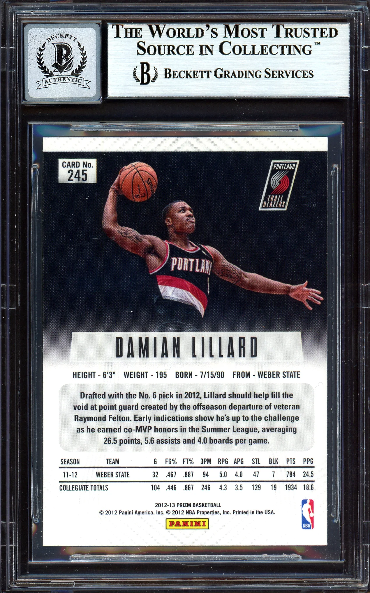 Damian Lillard Autographed 2012-13 Panini Prizm Rookie Card #245 Portland Trail Blazers Auto Grade Gem Mint 10 On Card Beckett BAS #13605097 - Image 2