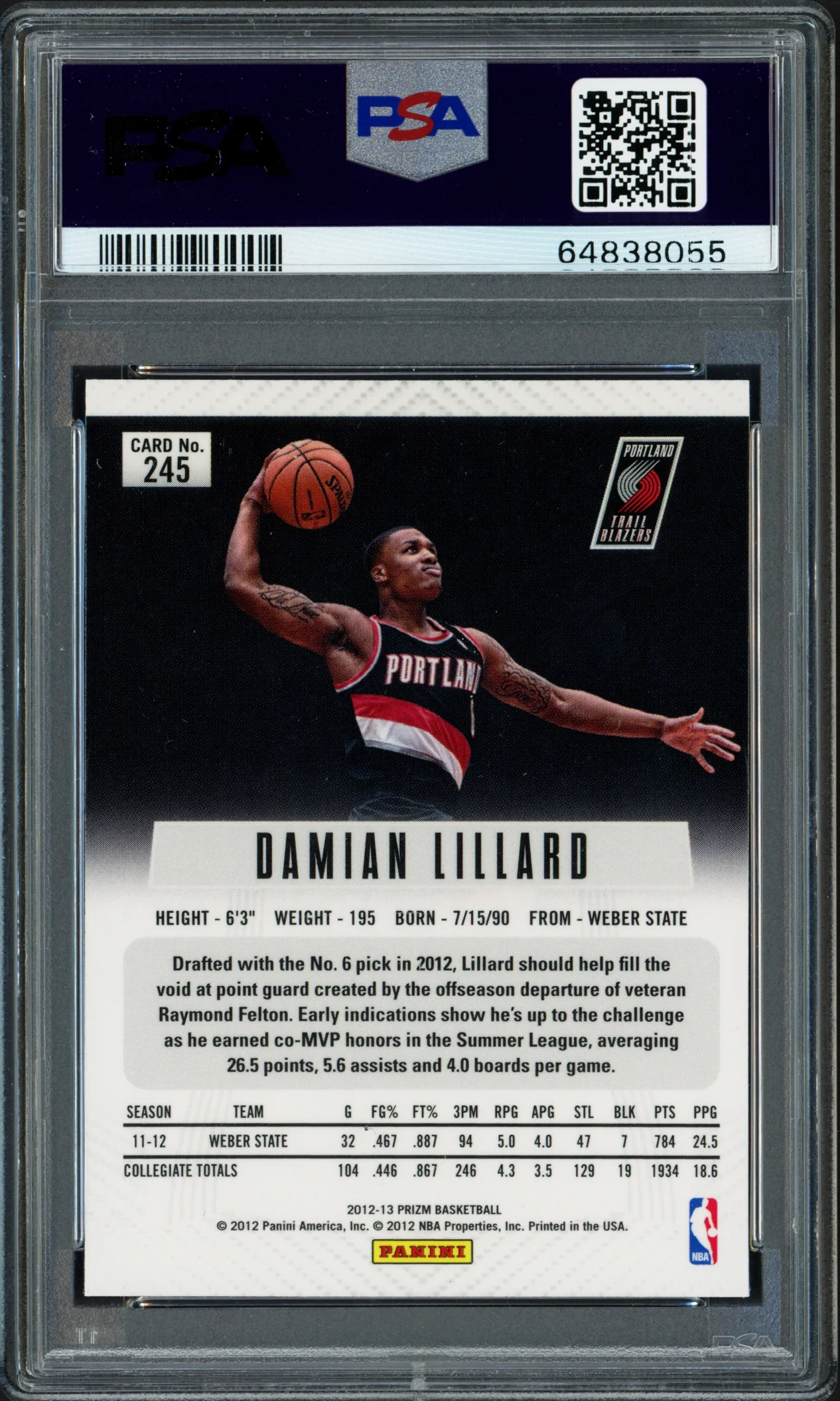 Damian Lillard Autographed 2012-13 Panini Prizm Rookie Card #245 Portland Trail Blazers BGS 9 Auto Grade Gem Mint 10 Beckett BAS Stock #262045 - Image 2