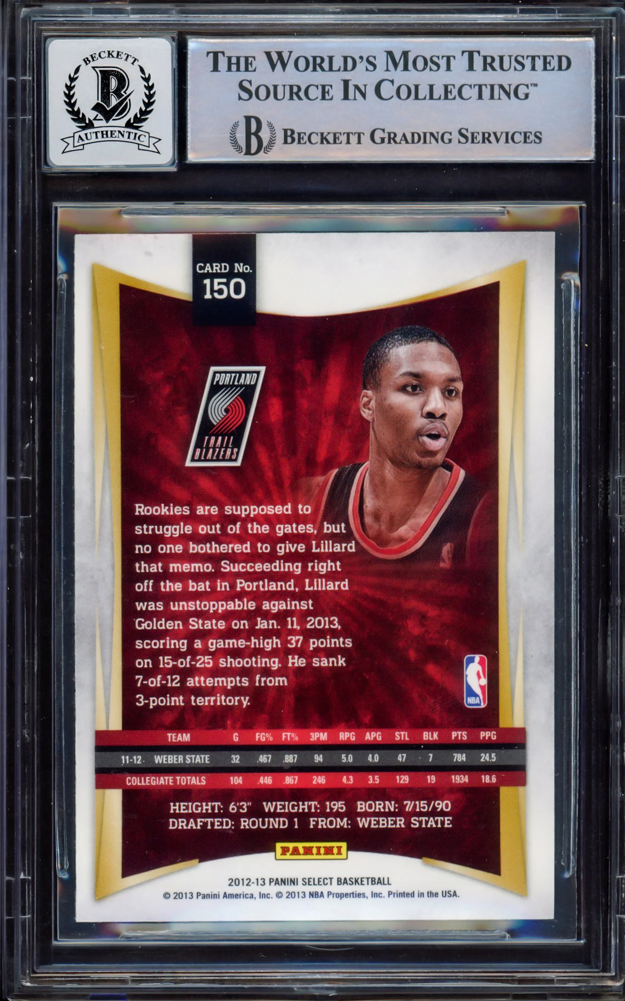Damian Lillard Autographed 2012-13 Panini Select Rookie Card #150 Portland Trail Blazers Auto Grade Gem Mint 10 Beckett BAS Stock #214863 - Image 2