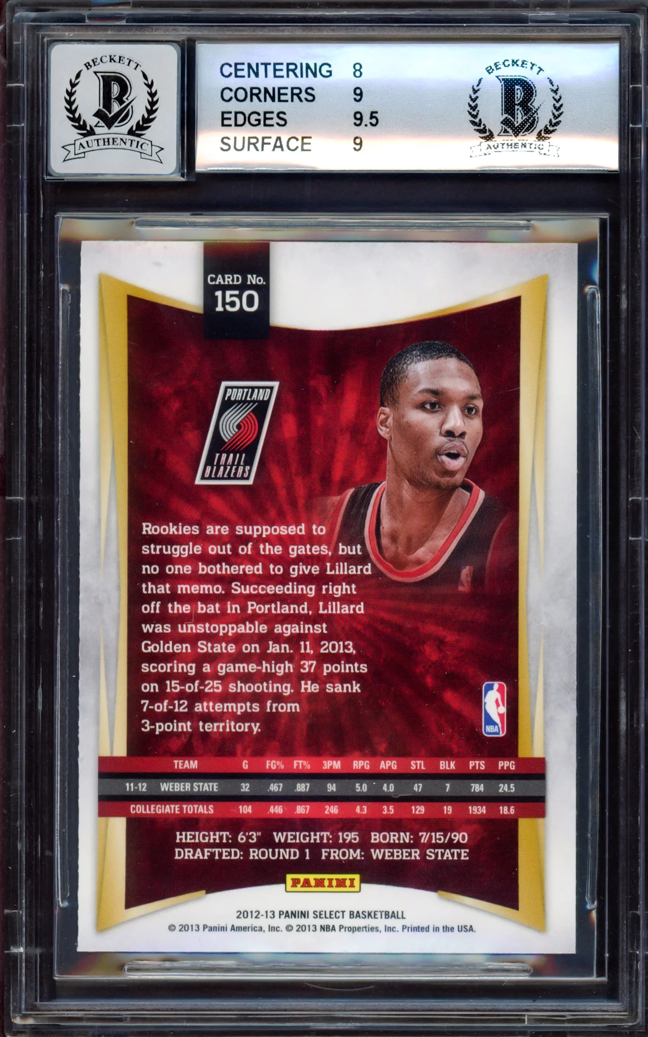 Damian Lillard Autographed 2012-13 Panini Select Rookie Card #150 Portland Trail Blazers BGS 8.5 Auto Grade Gem Mint 10 Beckett BAS Stock #214862 - Image 2