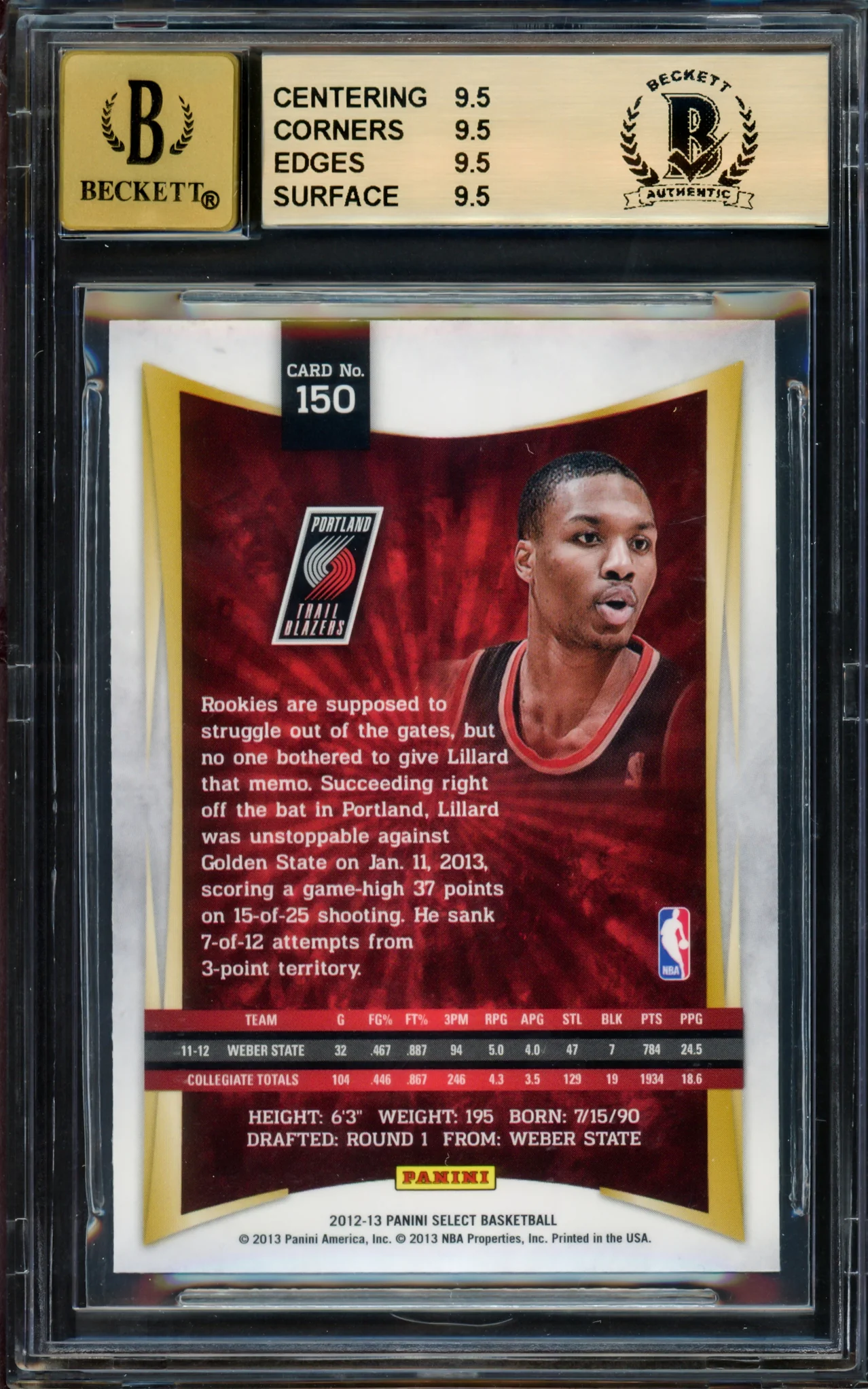Damian Lillard Autographed 2012-13 Panini Select Rookie Card #150 Portland Trail Blazers BGS 9.5 Auto Grade Gem Mint 10 Beckett BAS #14323922 - Image 2
