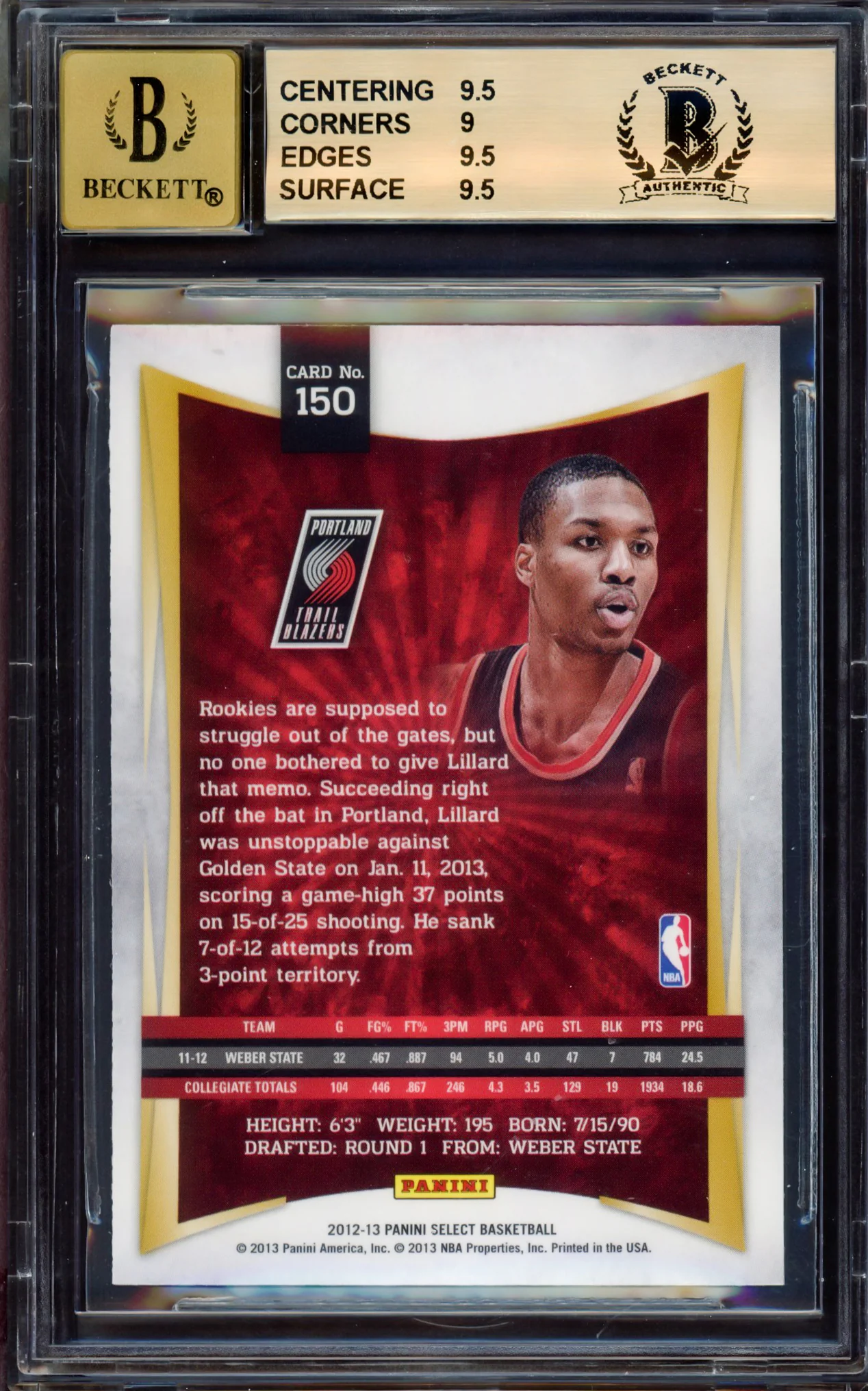 Damian Lillard Autographed 2012-13 Panini Select Rookie Card #150 Portland Trail Blazers BGS 9.5 Auto Grade Gem Mint 10 Beckett BAS #15529743 - Image 2