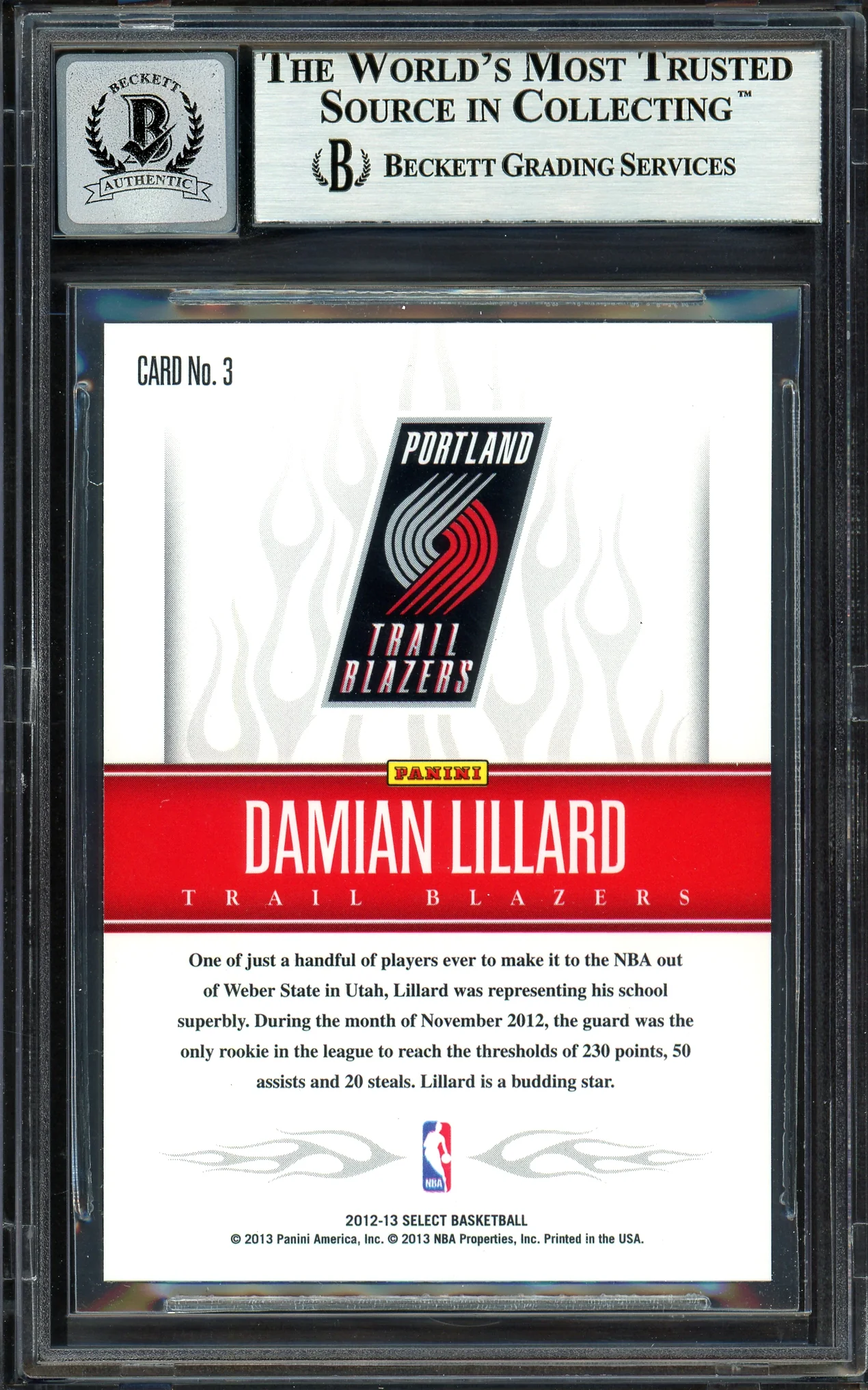 Damian Lillard Autographed 2012-13 Panini Select Rookie Card #3 Portland Trail Blazers Auto Grade Gem Mint 10 Beckett BAS #13605389 - Image 2