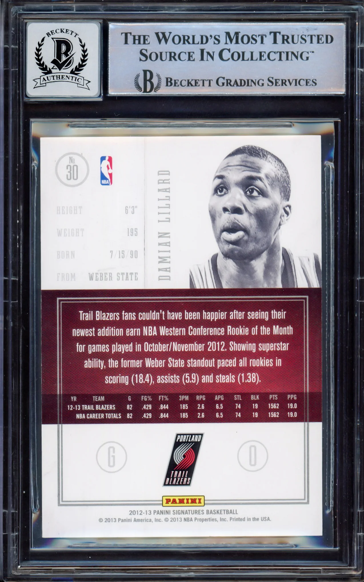 Damian Lillard Autographed 2012-13 Panini Signatures Green Rookie Card #30 Portland Trail Blazers Auto Grade Gem Mint 10 #3/5 Beckett BAS #15531159 - Image 2