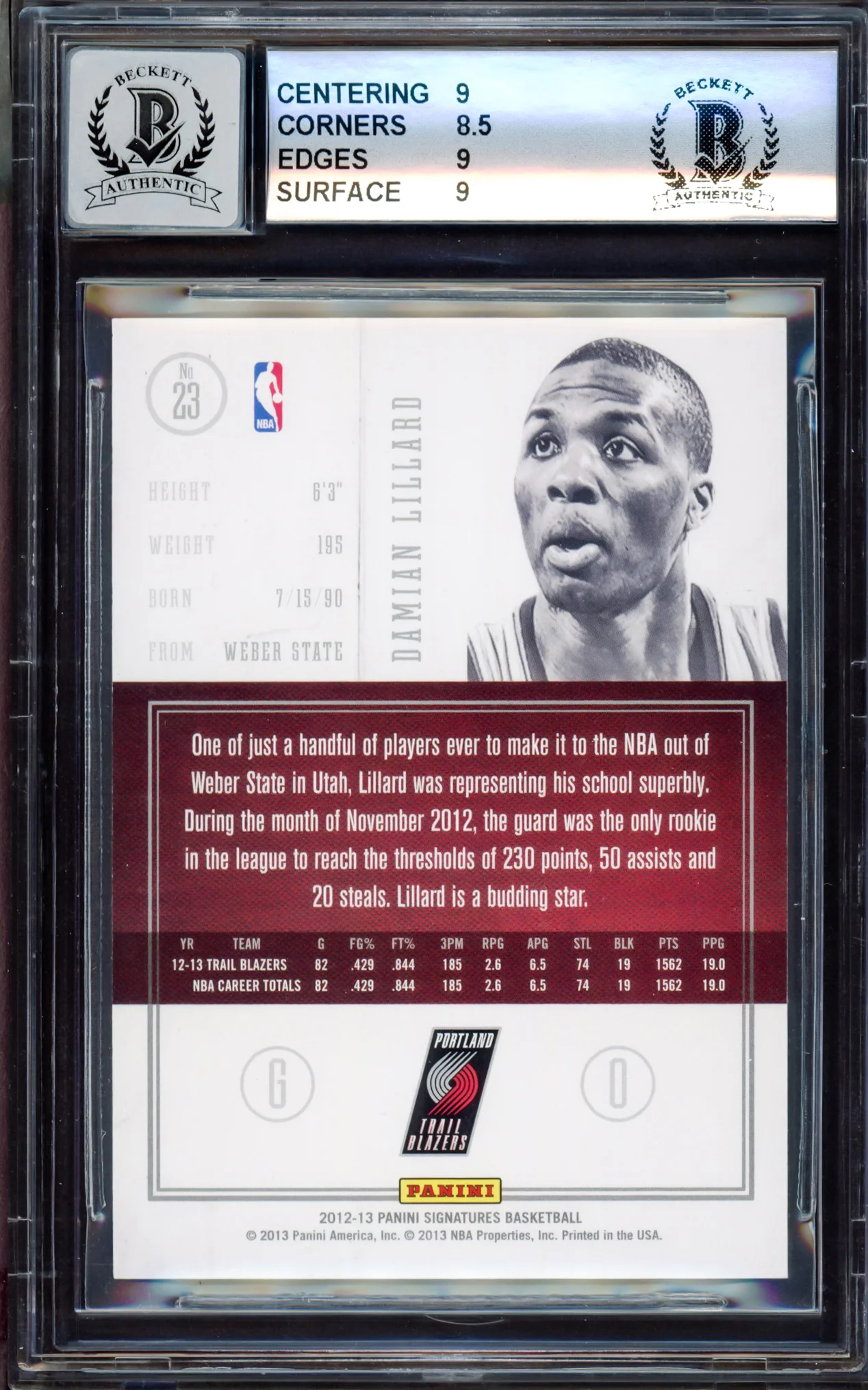 Damian Lillard Autographed 2012-13 Panini Signatures Rookie Card #23 Portland Trail Blazers BGS 9 Auto Grade Gem Mint 10 #12/25 Beckett BAS #15529844 - Image 2