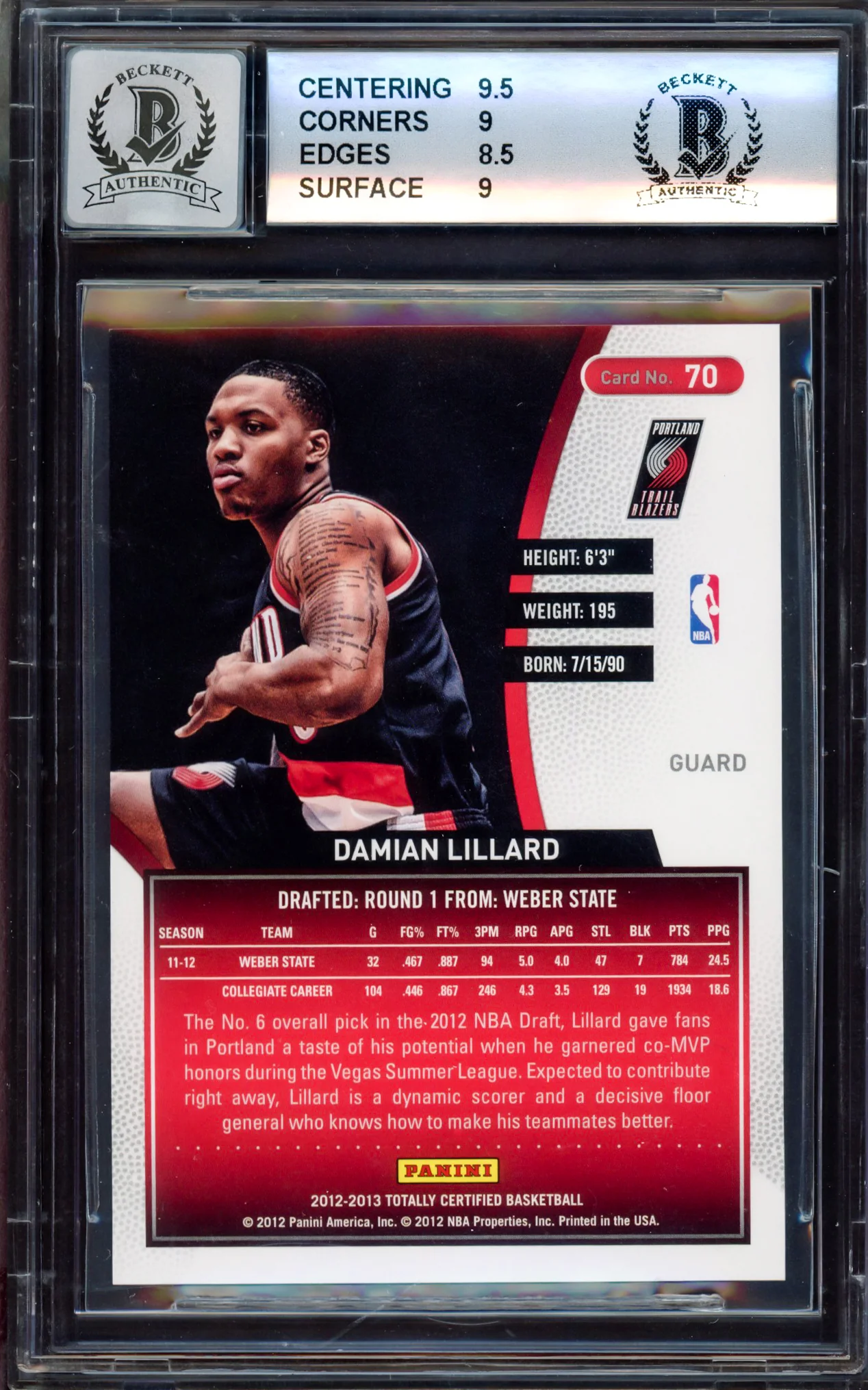 Damian Lillard Autographed 2012-13 Panini Totally Certified Blue Rookie Card #70 Portland Trail Blazers BGS 9 Auto Grade Gem Mint 10 #/299 Beckett BAS Stock #214864 - Image 2