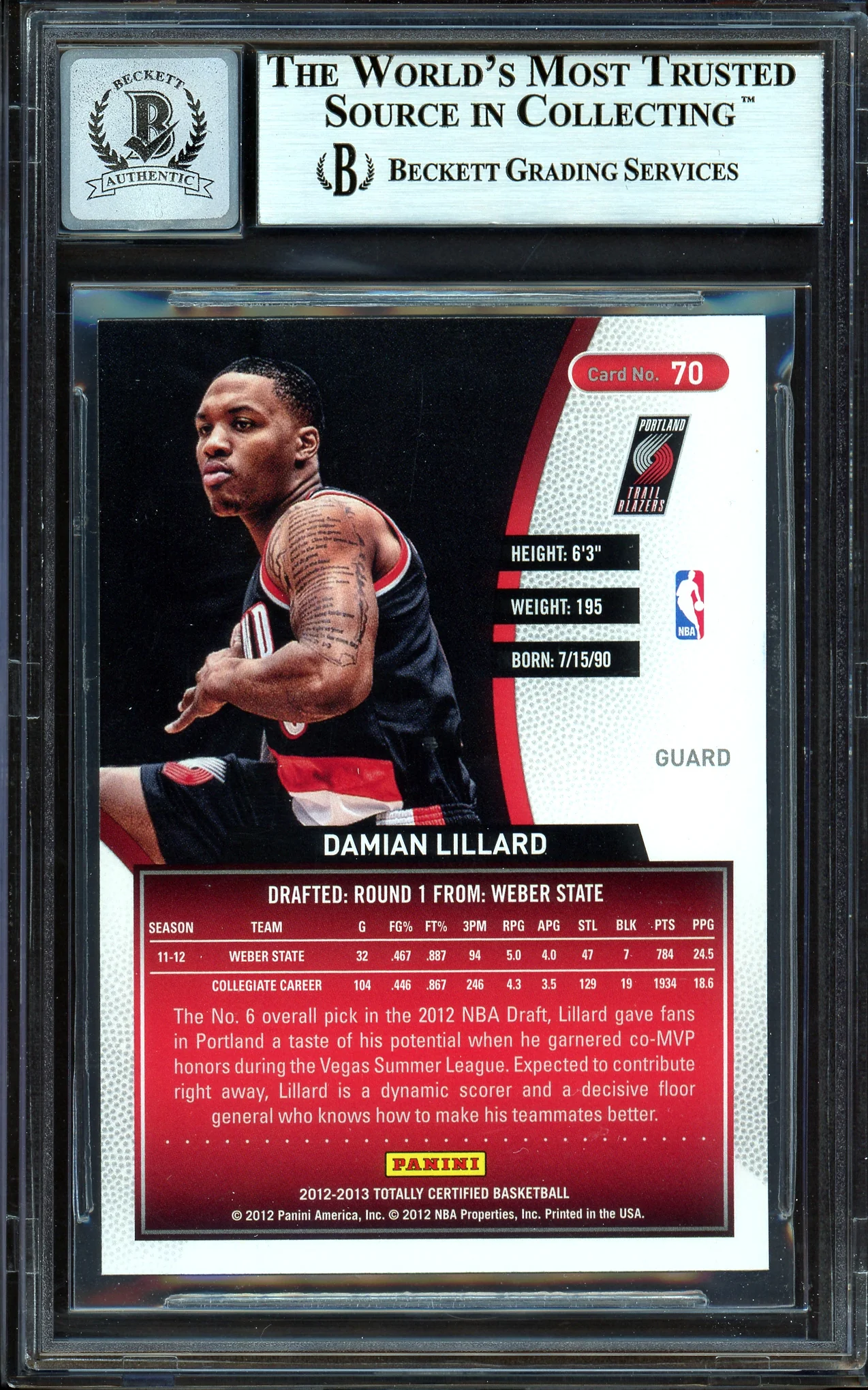 Damian Lillard Autographed 2012-13 Panini Totally Certified Rookie Card #70 Portland Trail Blazers Auto Grade Gem Mint 10 Beckett BAS #13605413 - Image 2