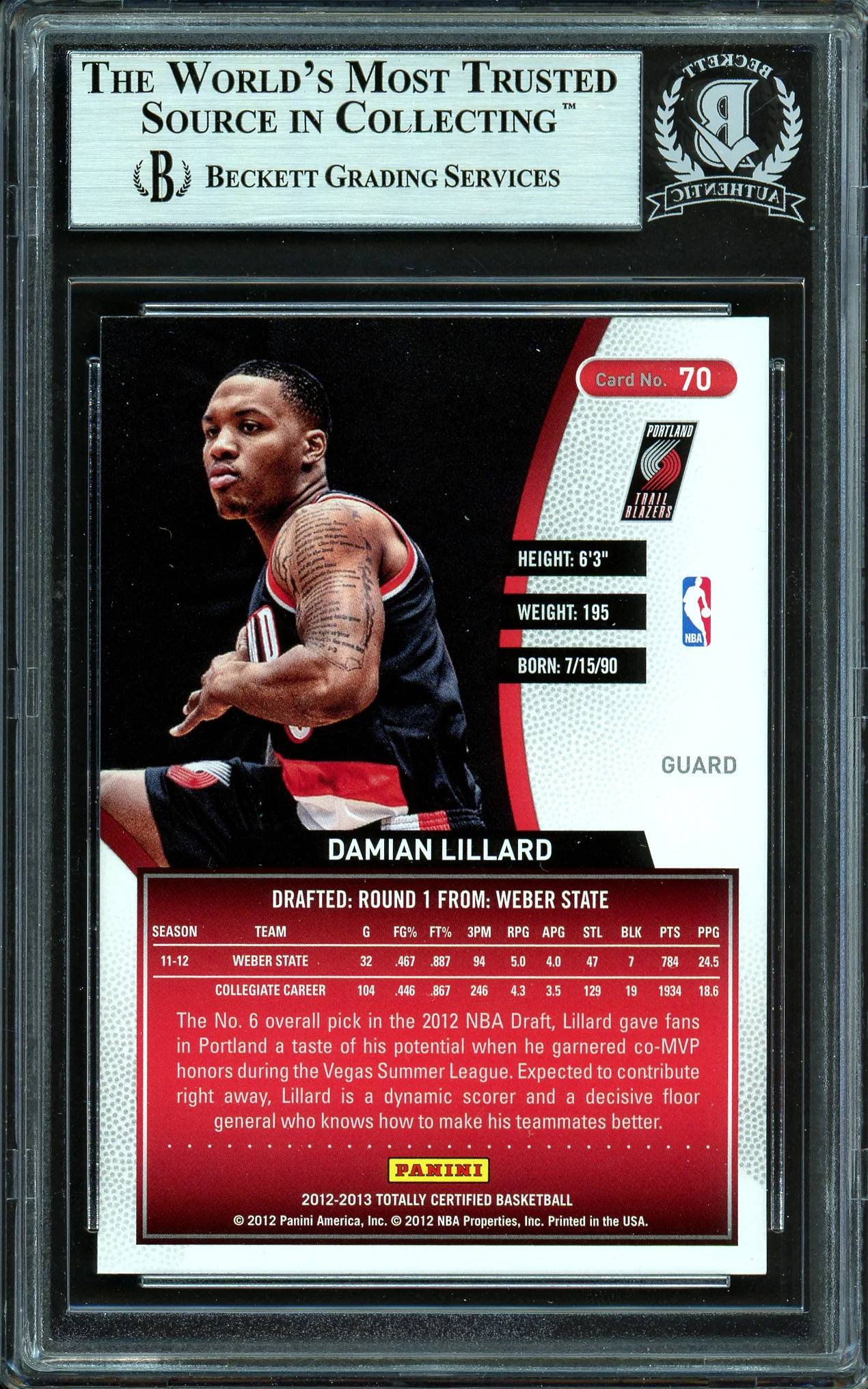 Damian Lillard Autographed 2012-13 Panini Totally Certified Rookie Card #70 Portland Trail Blazers Beckett BAS #13609496 - Image 2