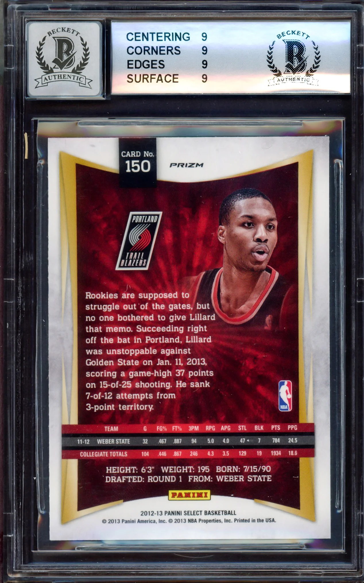 Damian Lillard Autographed 2012-13 Select Prizms Rookie Card #150 Portland Trail Blazers BGS 9 Auto Grade Gem Mint 10 Beckett BAS #15529683 - Image 4