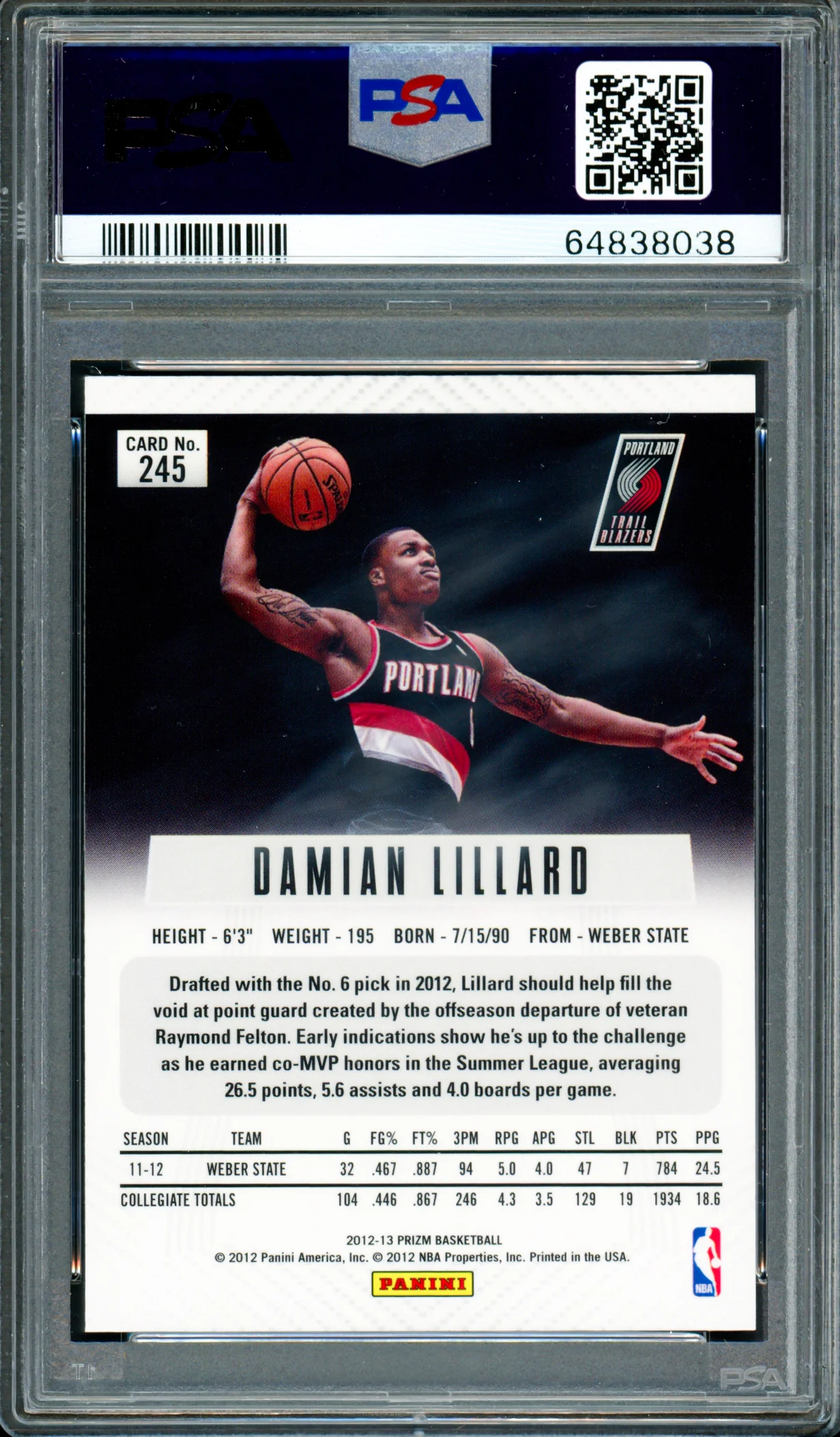Damian Lillard Autographed 2012 Panini Prizm Rookie Card #245 Portland Trail Blazers PSA 10 Auto Grade Gem Mint 10 PSA/DNA #64838038 - Image 2