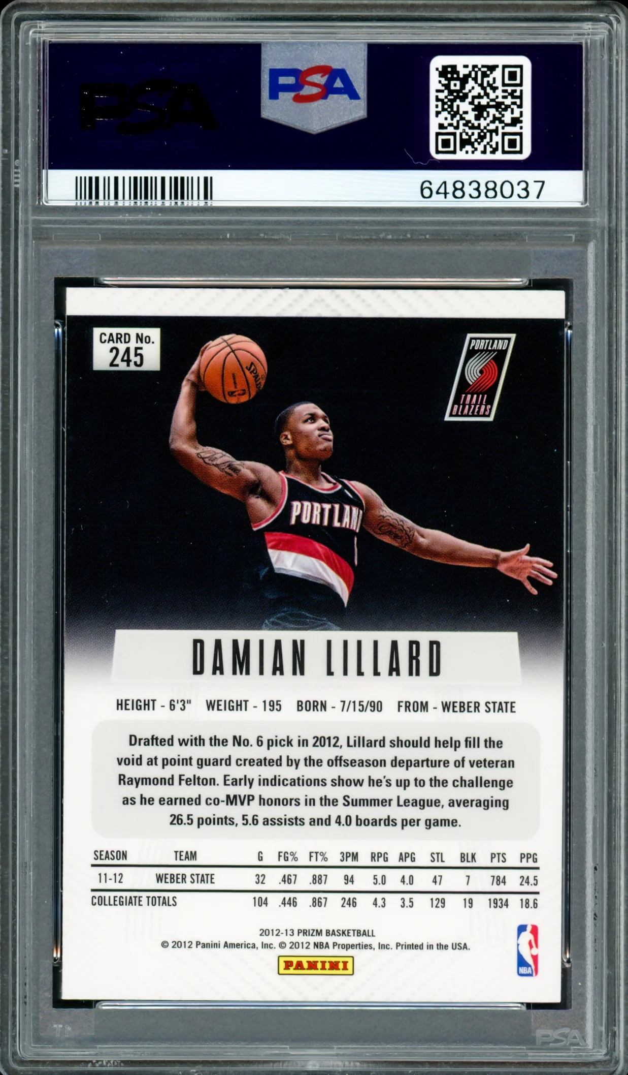 Damian Lillard Autographed 2012-13 Panini Prizm Rookie Card #245 Portland Trail Blazers PSA 9 Auto Grade Gem Mint 10 On Card PSA/DNA #64838037 - Image 4