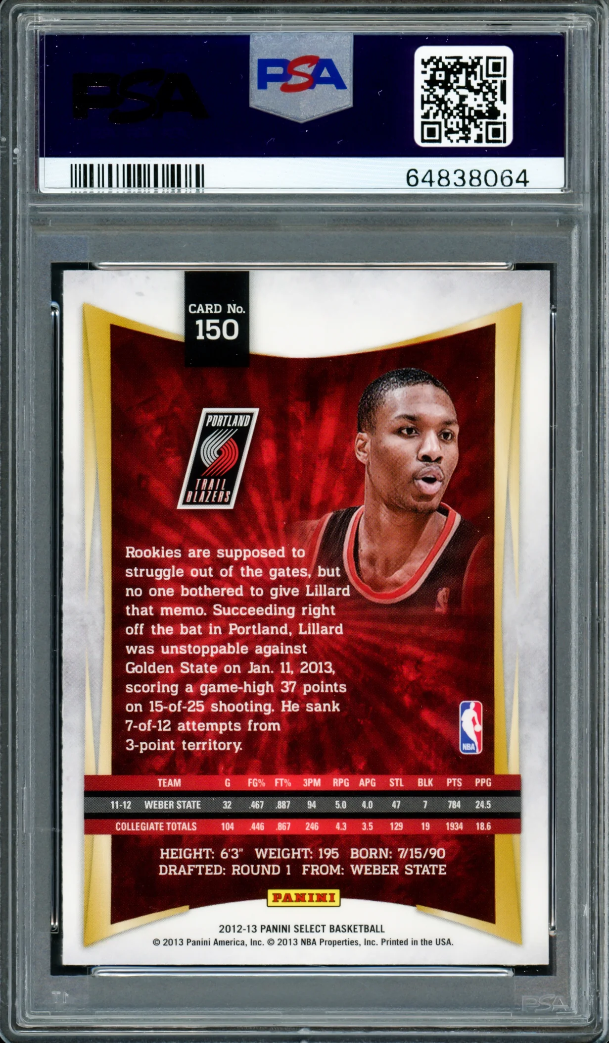 Damian Lillard Autographed 2012-13 Panini Select Rookie Card #150 Portland Trail Blazers PSA 9 Auto Grade Gem Mint 10 On Card PSA/DNA #64838064 - Image 4