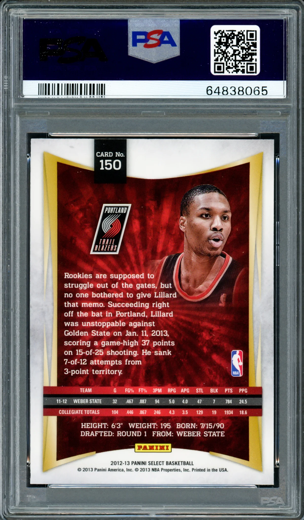 Damian Lillard Autographed 2012-13 Panini Select Rookie Card #150 Portland Trail Blazers PSA 9 Auto Grade Gem Mint 10 On Card PSA/DNA #64838065 - Image 4