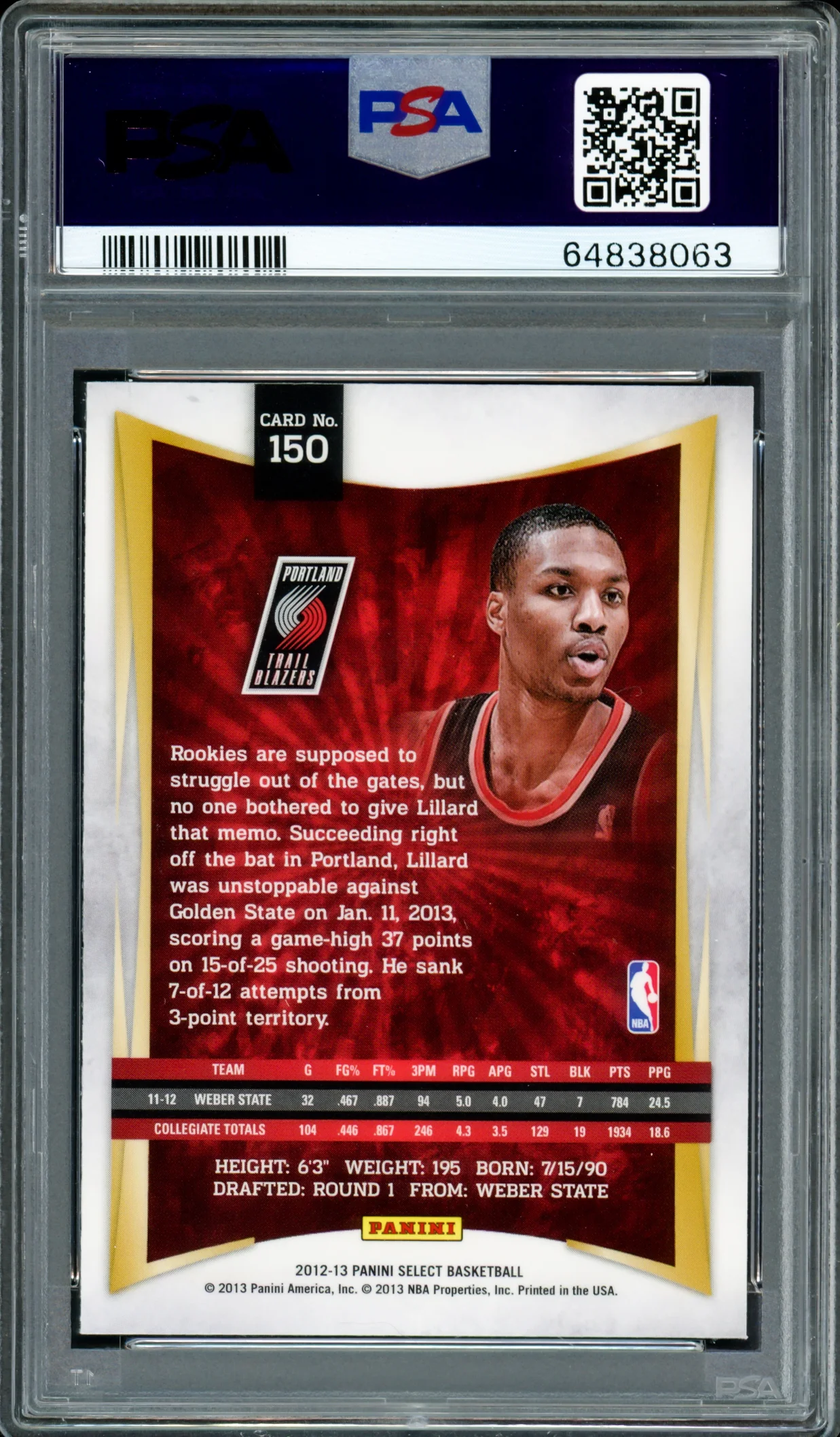 Damian Lillard Autographed 2012-13 Panini Select Rookie Card #150 Portland Trail Blazers PSA 9 Auto Grade Mint 9 On Card PSA/DNA #64838063 - Image 4