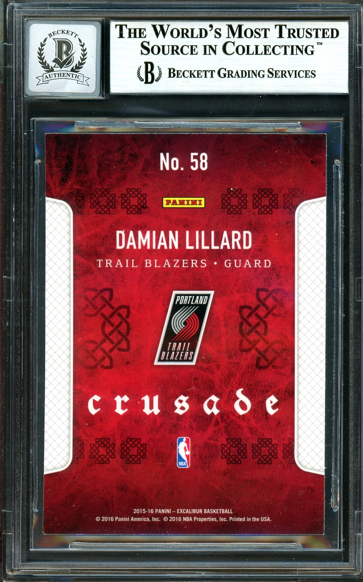 Damian Lillard Autographed 2015-16 Panini Excalibur Crusade Card #58 Portland Trail Blazers Auto Grade Gem Mint 10 Beckett BAS #13605651 - Image 2